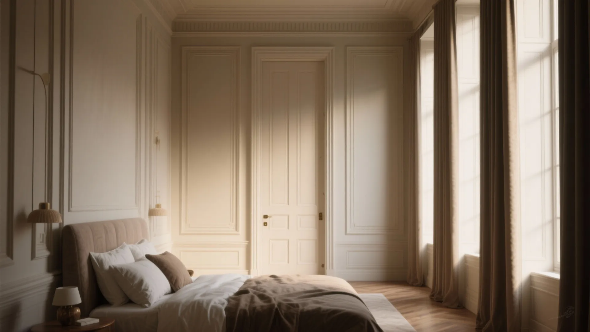 Elegant bedroom with tall white door wall panels brown bed curtains and bright natural sunlight