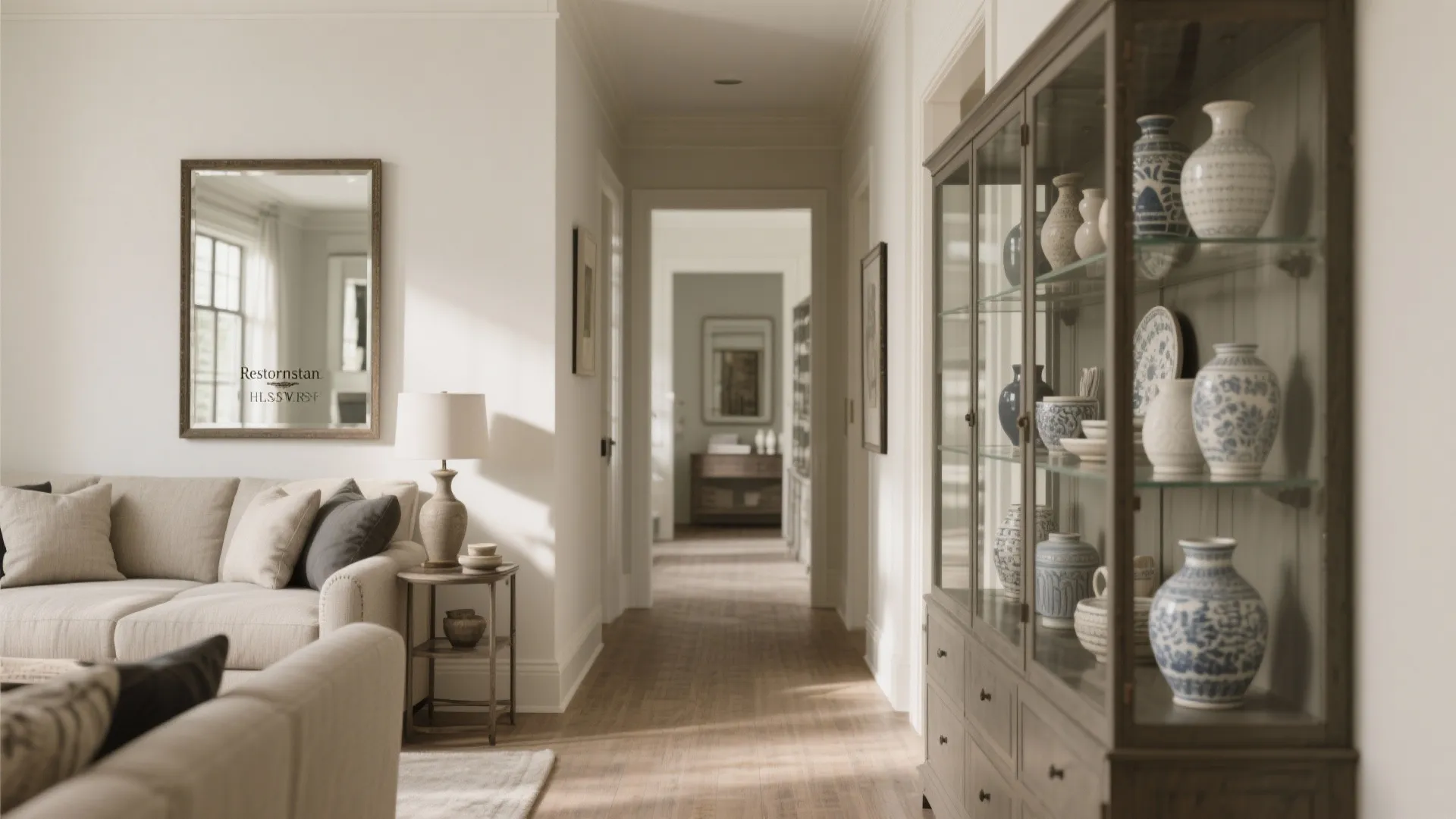 Tall glass cabinet with ceramics in a narrow neutral-tone living room