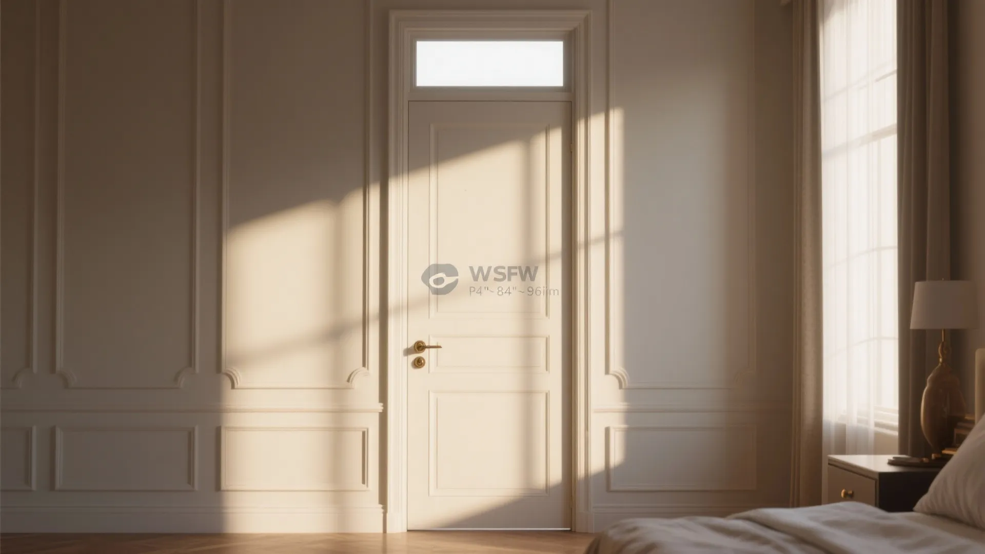White bedroom door with wall panel and window above showing sunlight and long shadows indoors