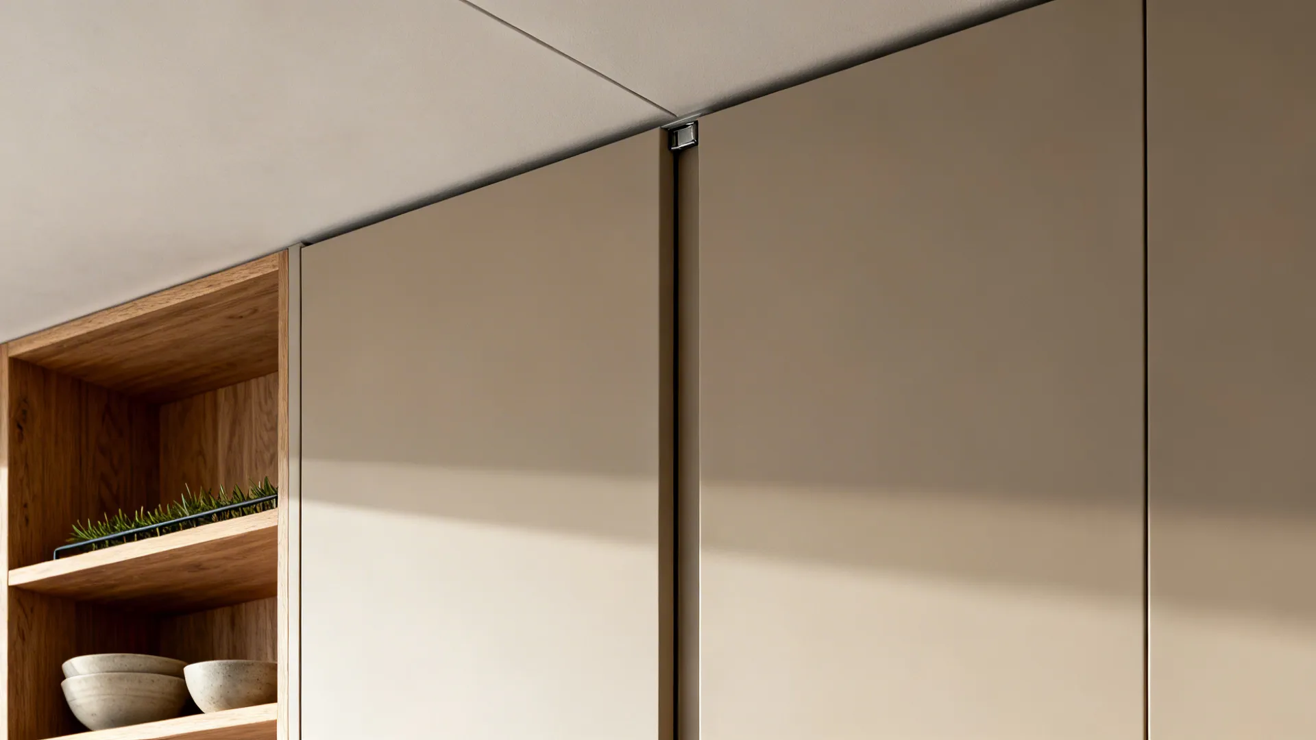 Macro of matte tall cabinet edge and wood-lined open niche with herb rail under soft daylight.
