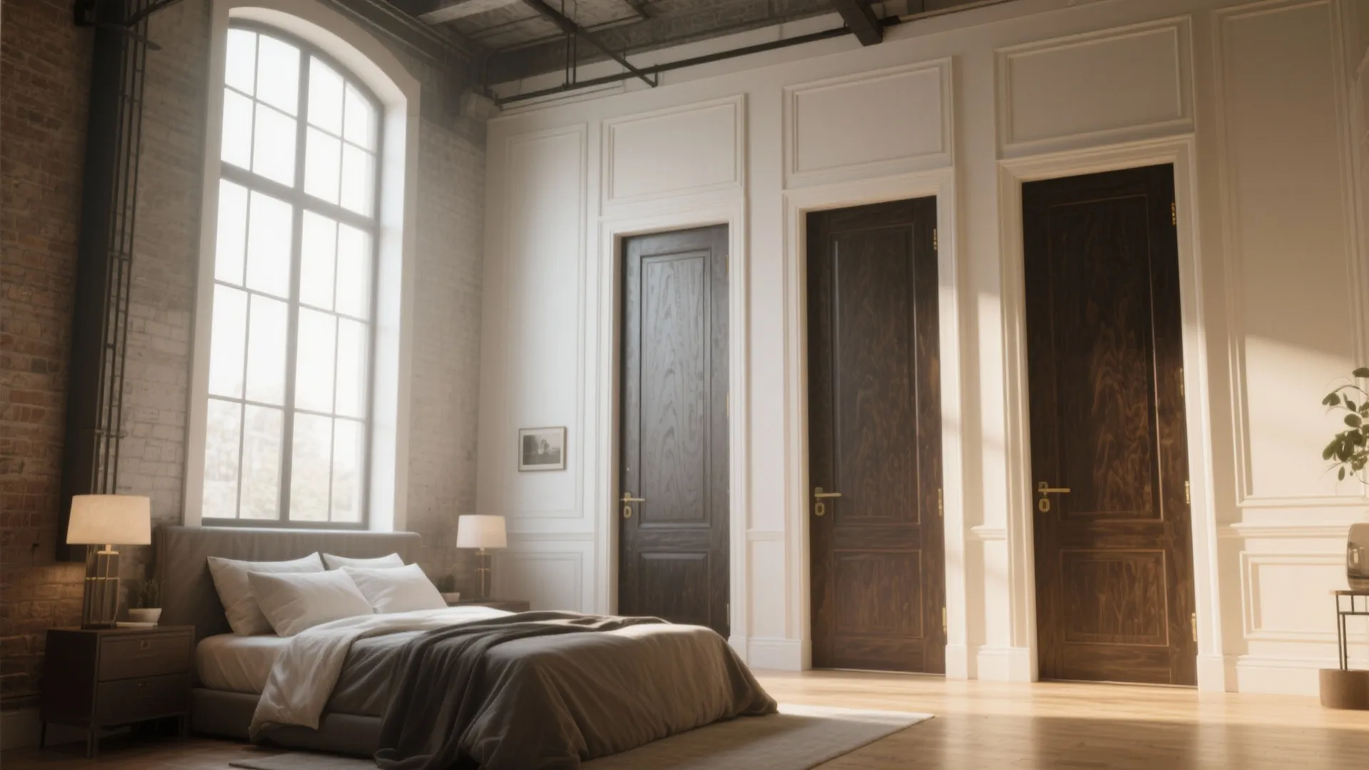 Loft bedroom with tall 96-inch doors emphasizing vertical proportion and high ceilings