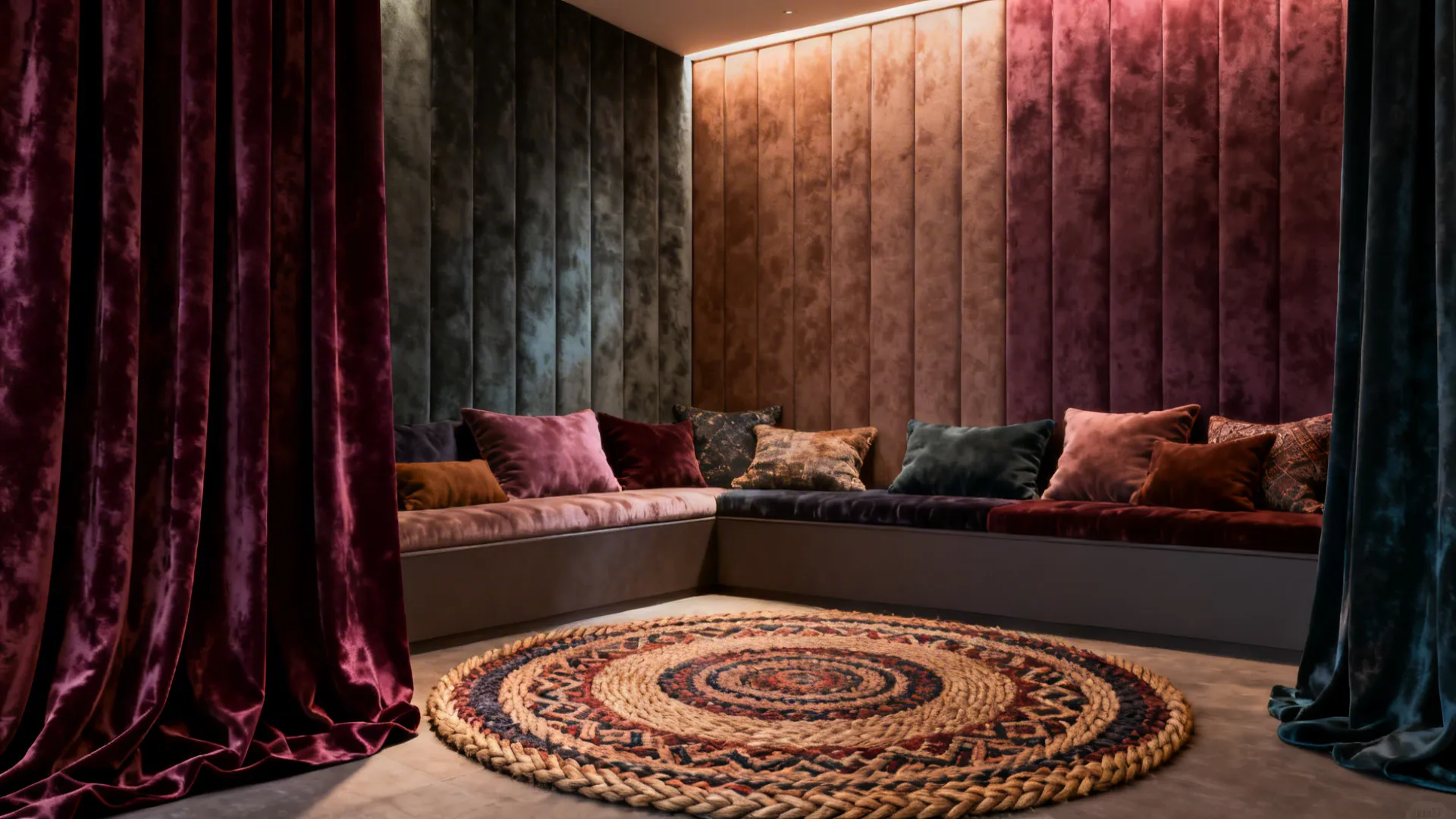 Cozy corner seating area with velvet wall panels, purple velvet curtains, and a round rug