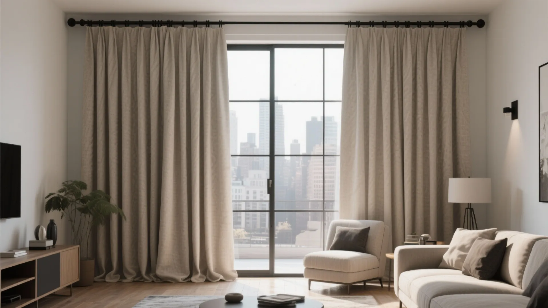 Modern living room featuring floor to ceiling beige curtains, black curtain rod, and city view