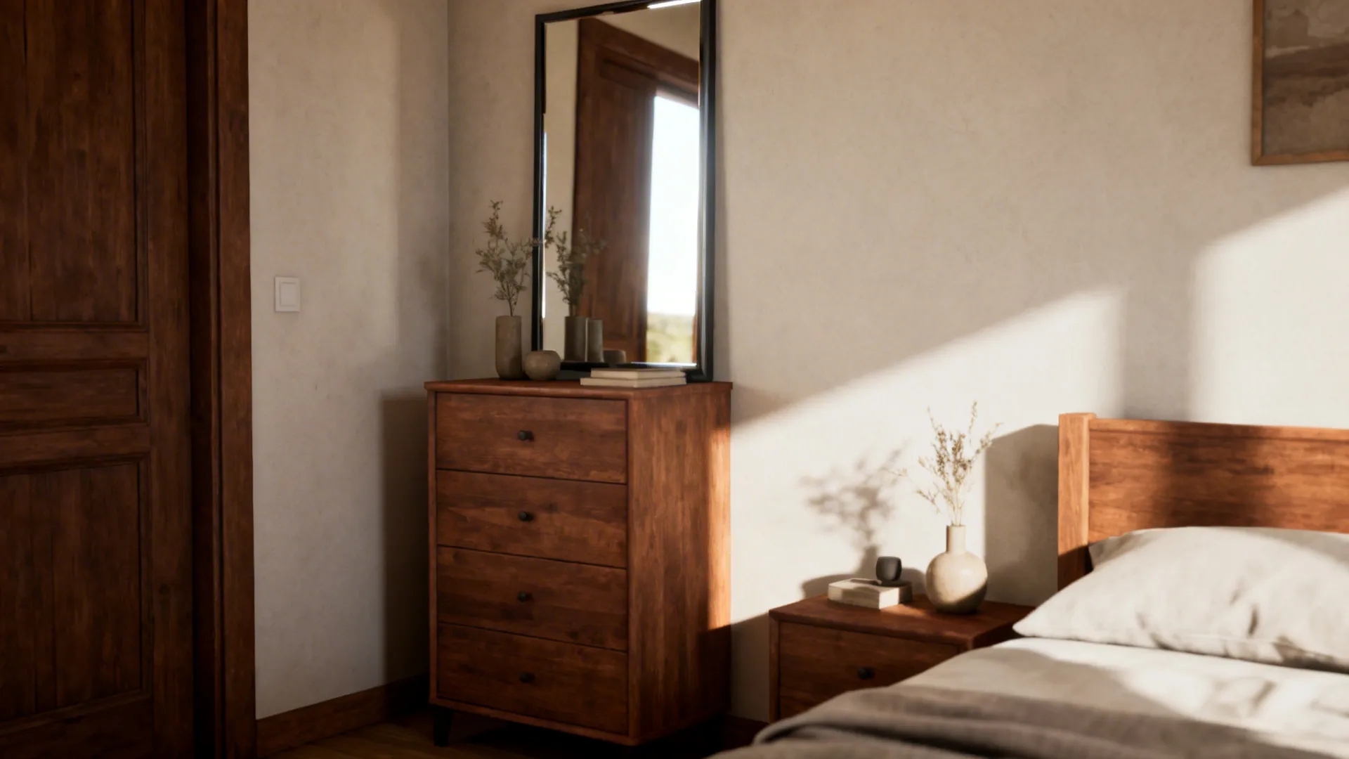 Tall narrow dresser with full-length mirror brightening a compact bedroom corner