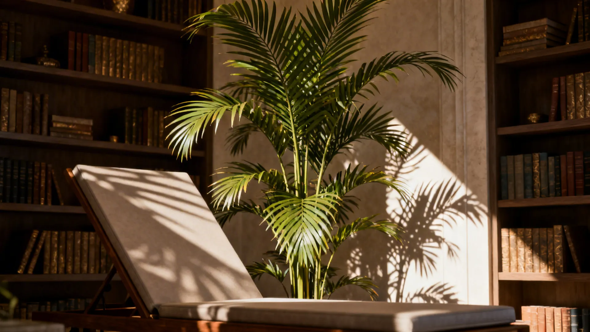Tall faux palm behind a lounge chair creating a layered, resort-like silhouette
