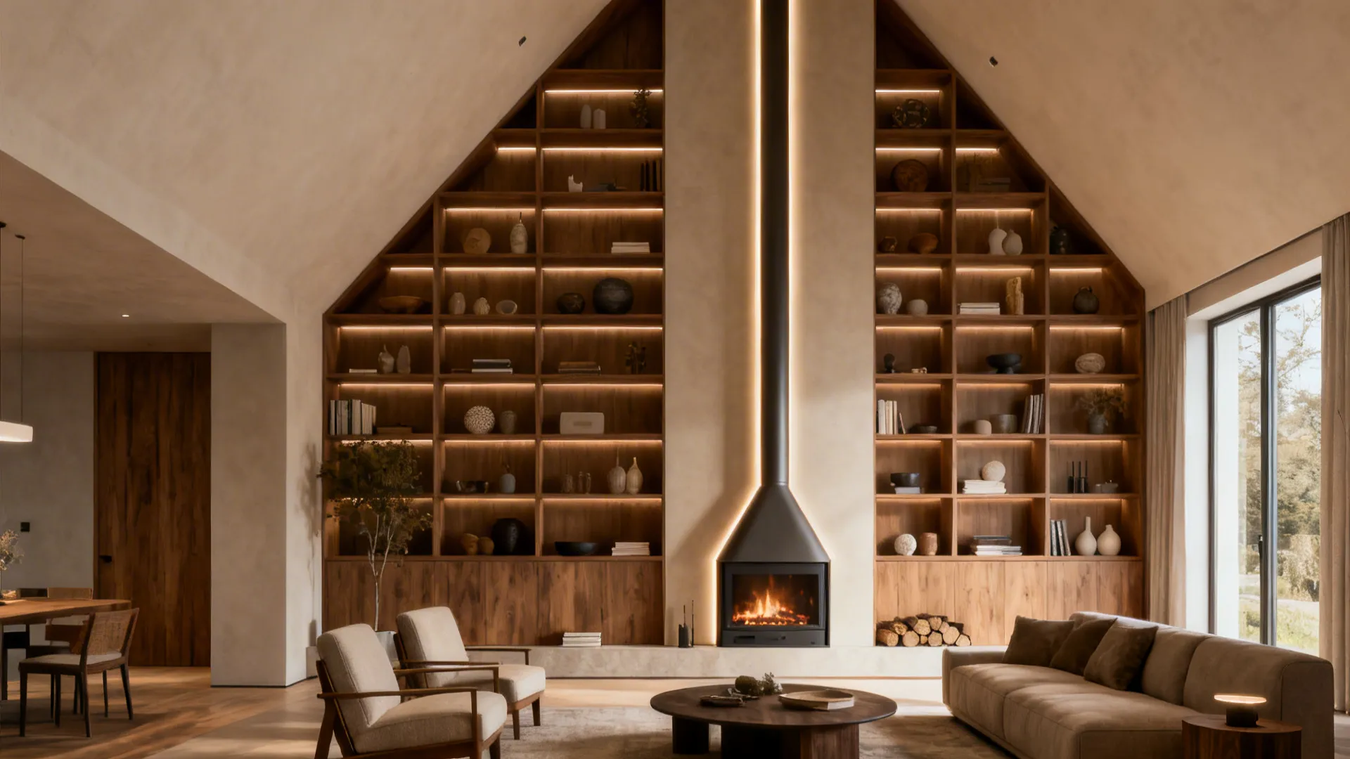 Half‑vaulted living room with a floor-to-ceiling shelving unit and a vertical fireplace anchoring the high wall.