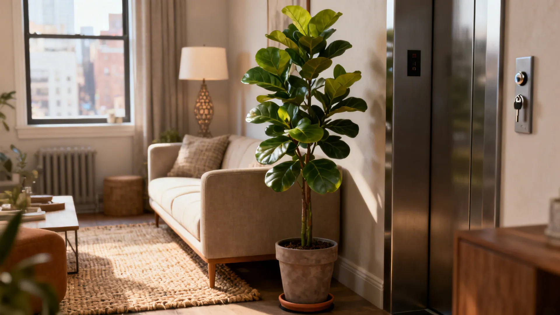 Tall green plant in pot near beige sofa, textured rug, lamp and window with light