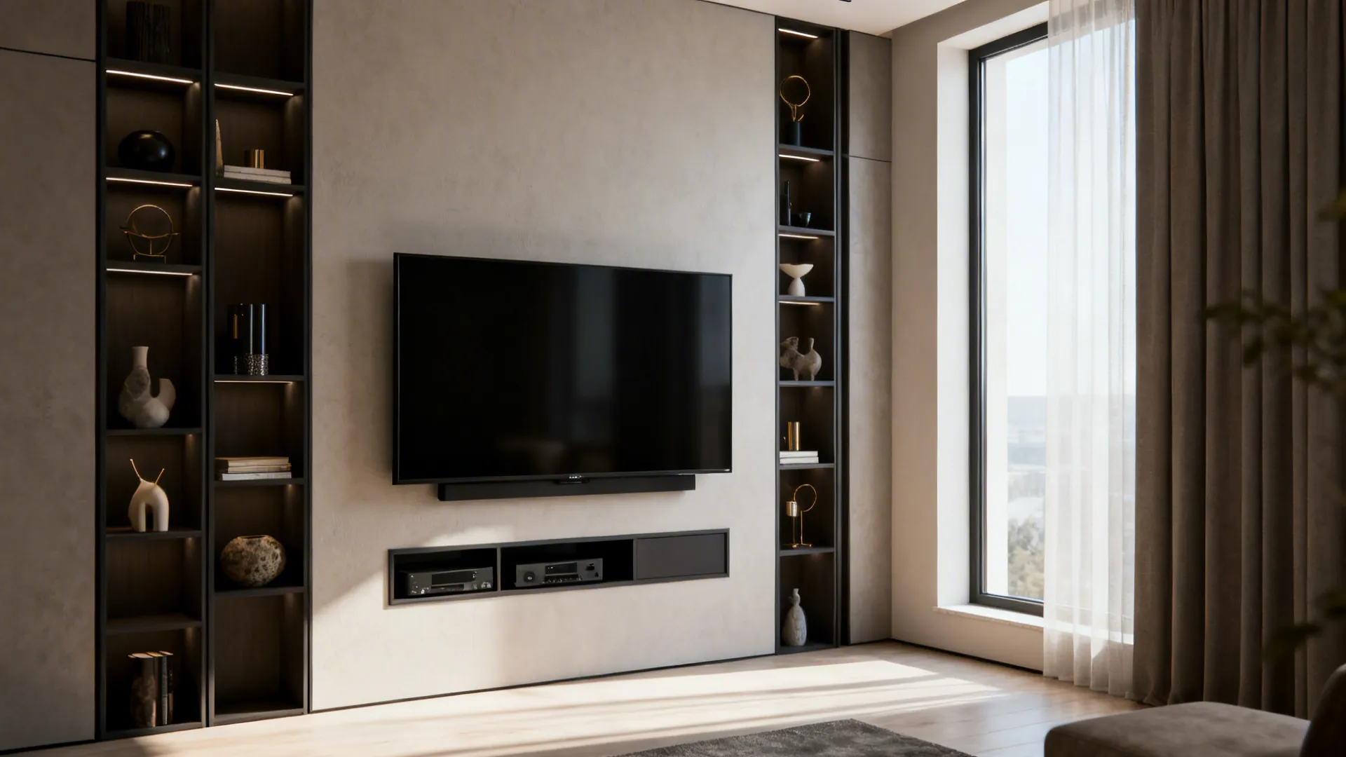 Wall-mounted TV slightly off-center with tall flanking storage to balance windows