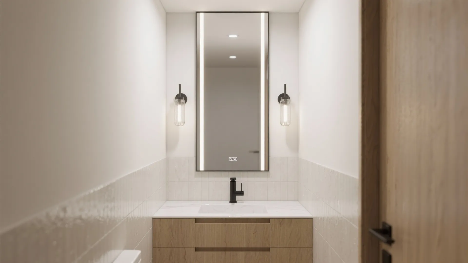 Tall frameless bathroom mirror above a light oak vanity with vertical sconces.