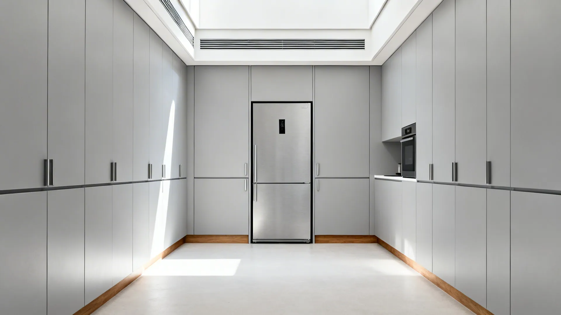 Tall cabinet enclosure with a counter-depth fridge and discreet top ventilation in a slim galley.