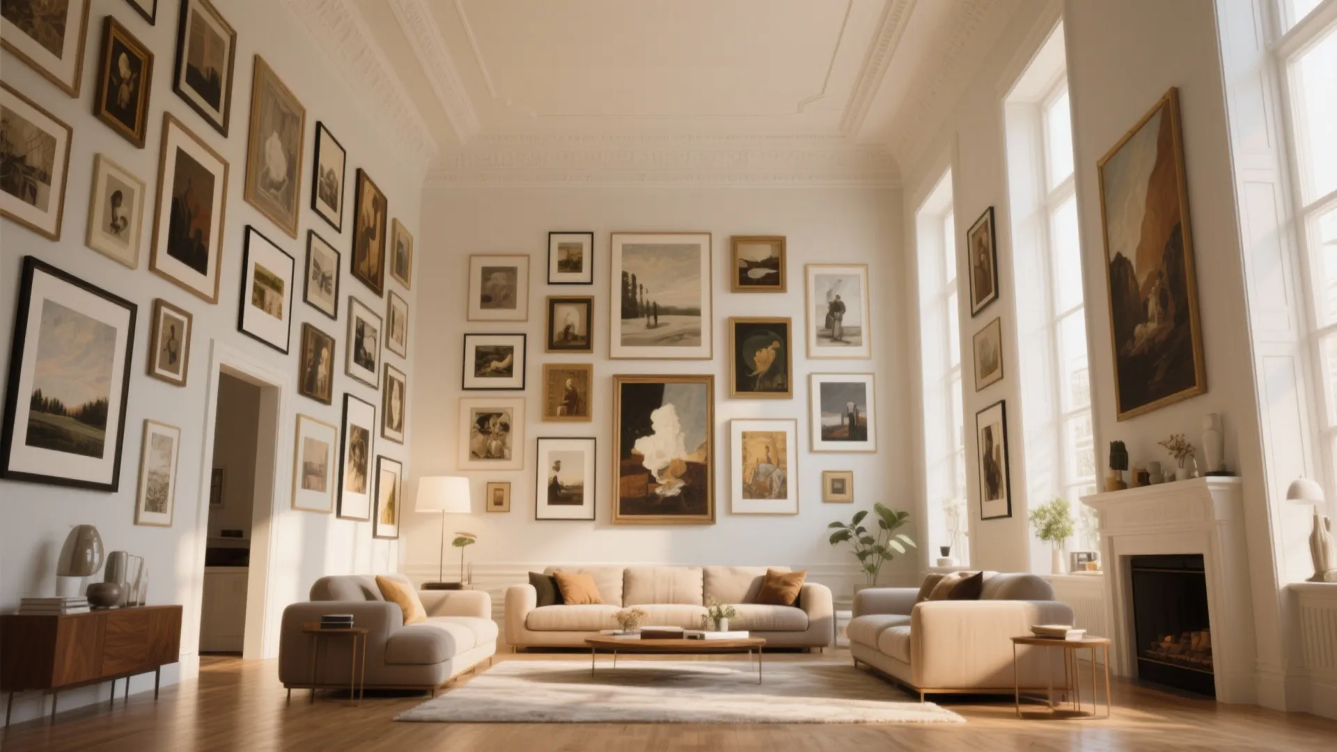 Living room with tall gallery wall of art in high ceiling space