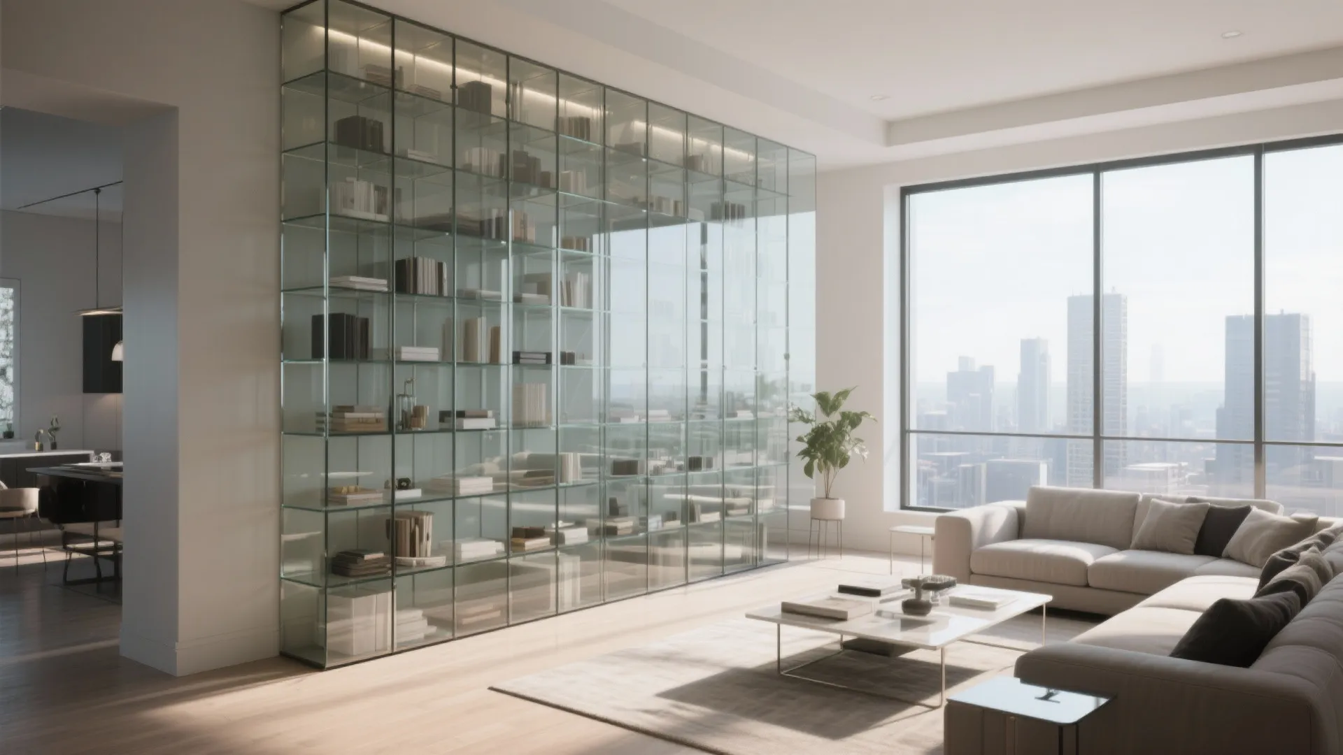 Tall floor-to-ceiling glass shelves in elegant penthouse living room