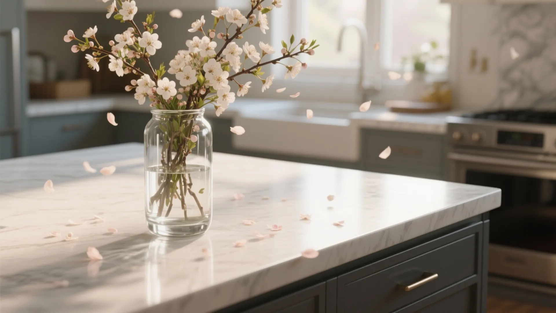 Tall clear glass vase with blossoming branches on kitchen island