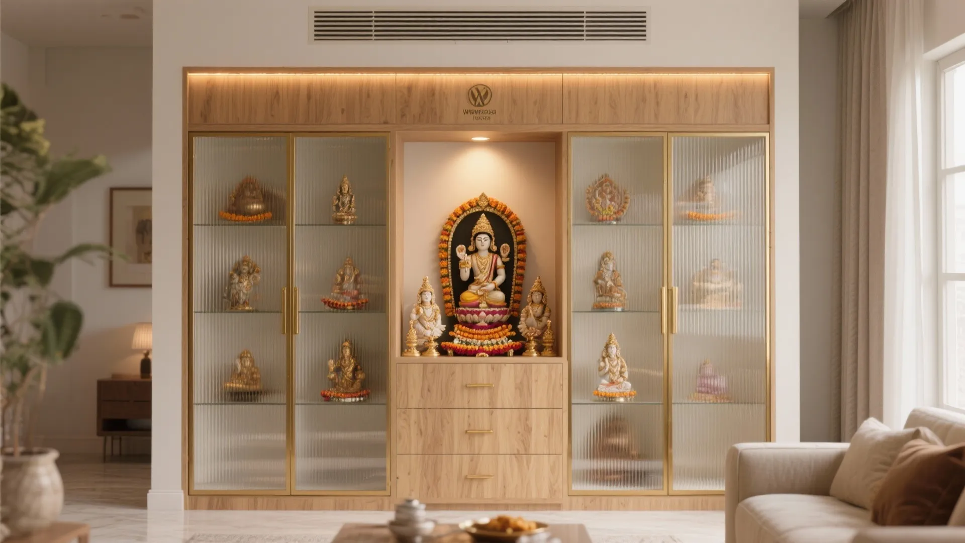 Tall wooden cabinet with glass doors displaying various statues and a central gold religious shrine