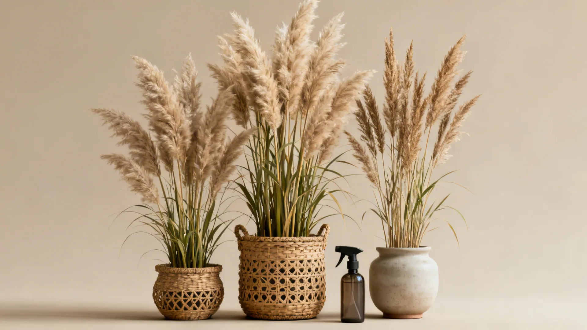 Three different woven baskets and one ceramic pot holding tall dried brown decorative fluffy grass