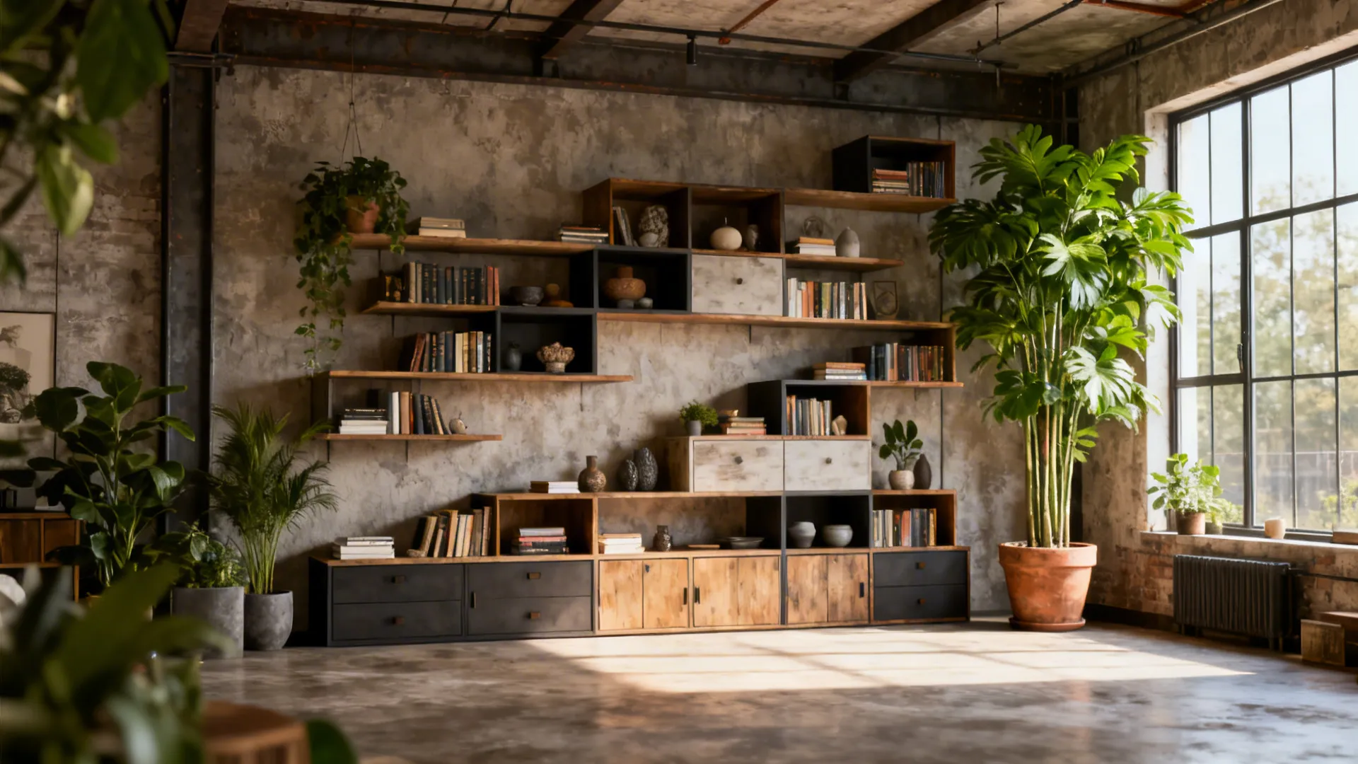 Tall plants and staggered open shelving filling vertical space in a large room.