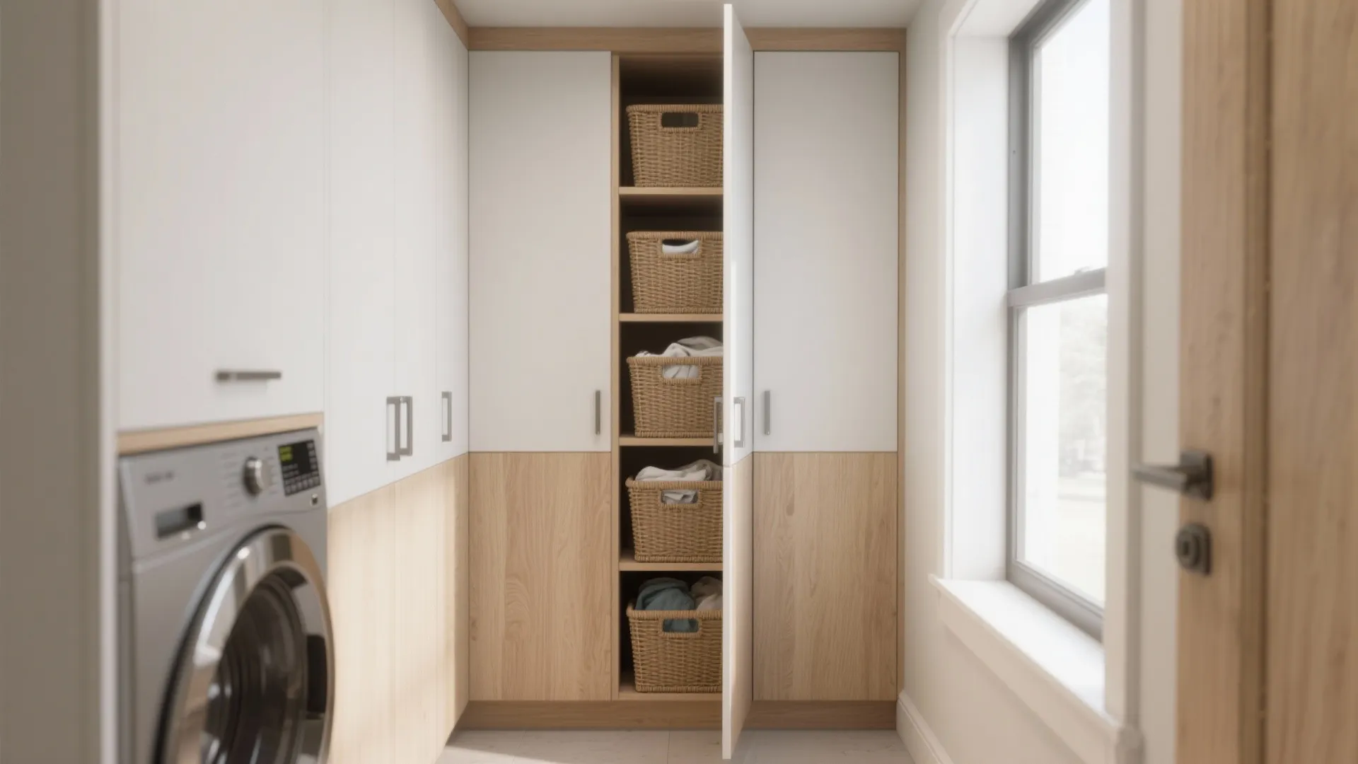 1. Tall vertical cabinets with integrated hampers