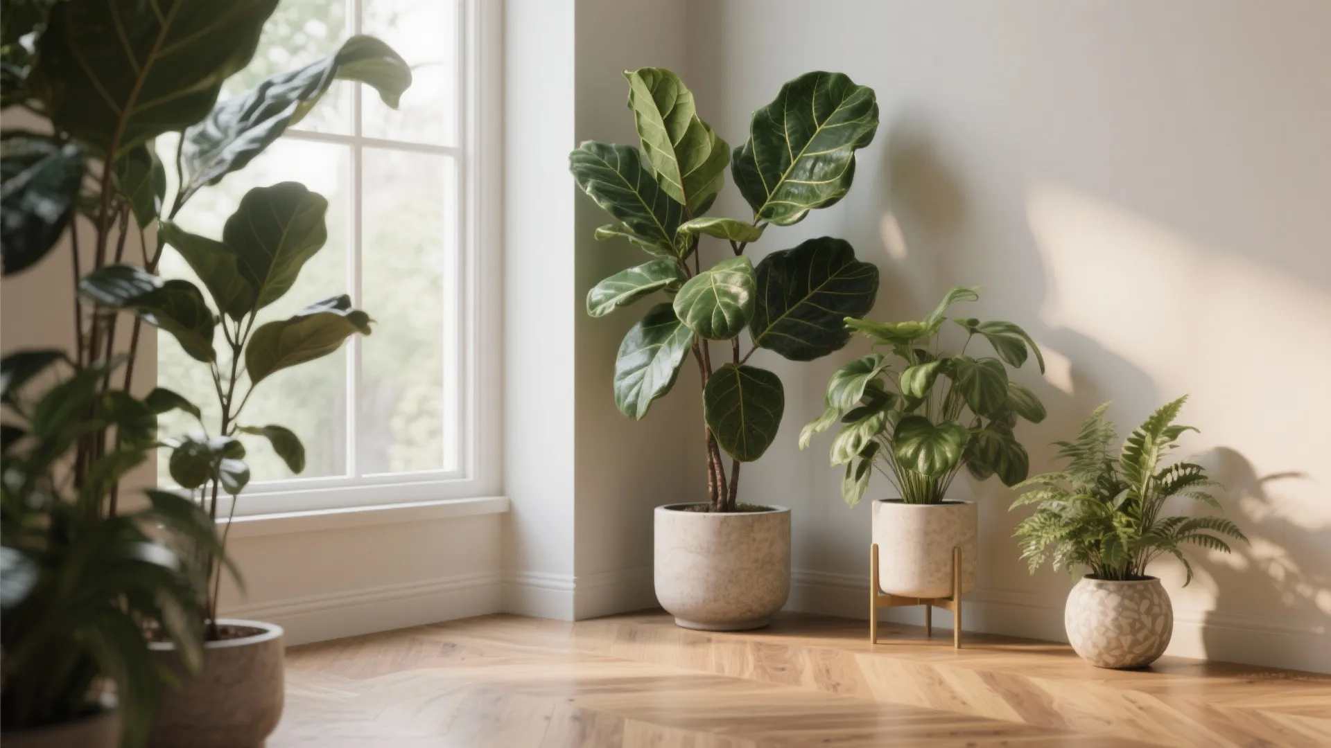 Tall indoor plants in modern living room corner