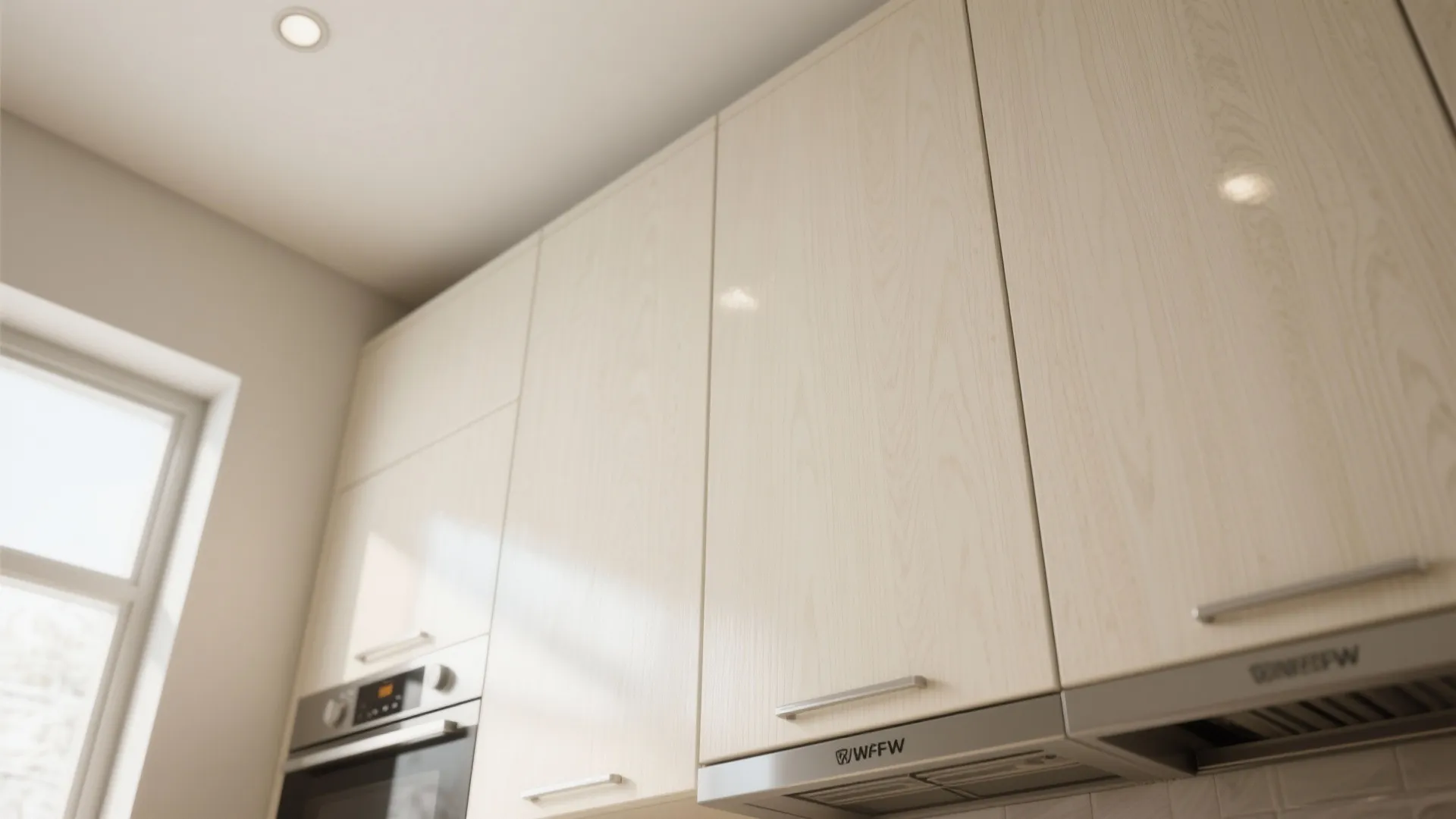 Close up of light wood kitchen cabinet doors with metal handles near a sunny window