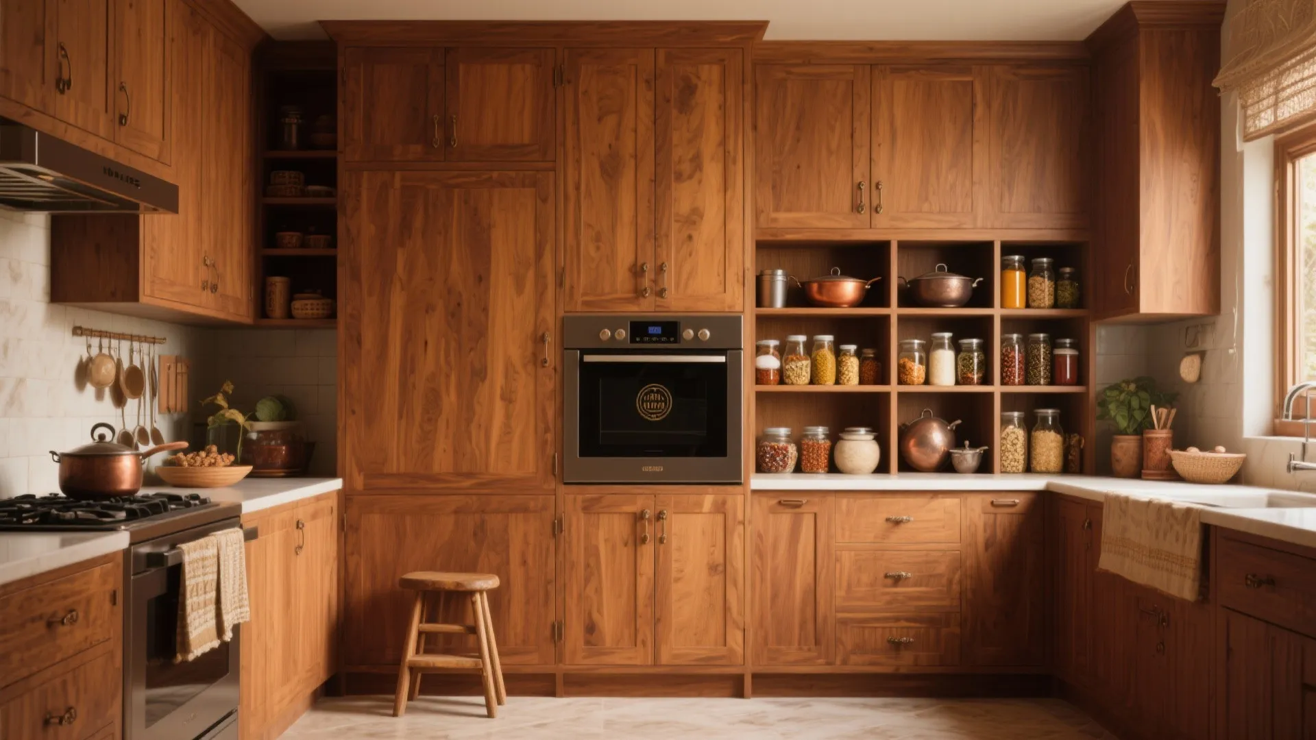 Tall wooden kitchen cabinets and pantry with glass jars, built-in oven, small stool, and stove