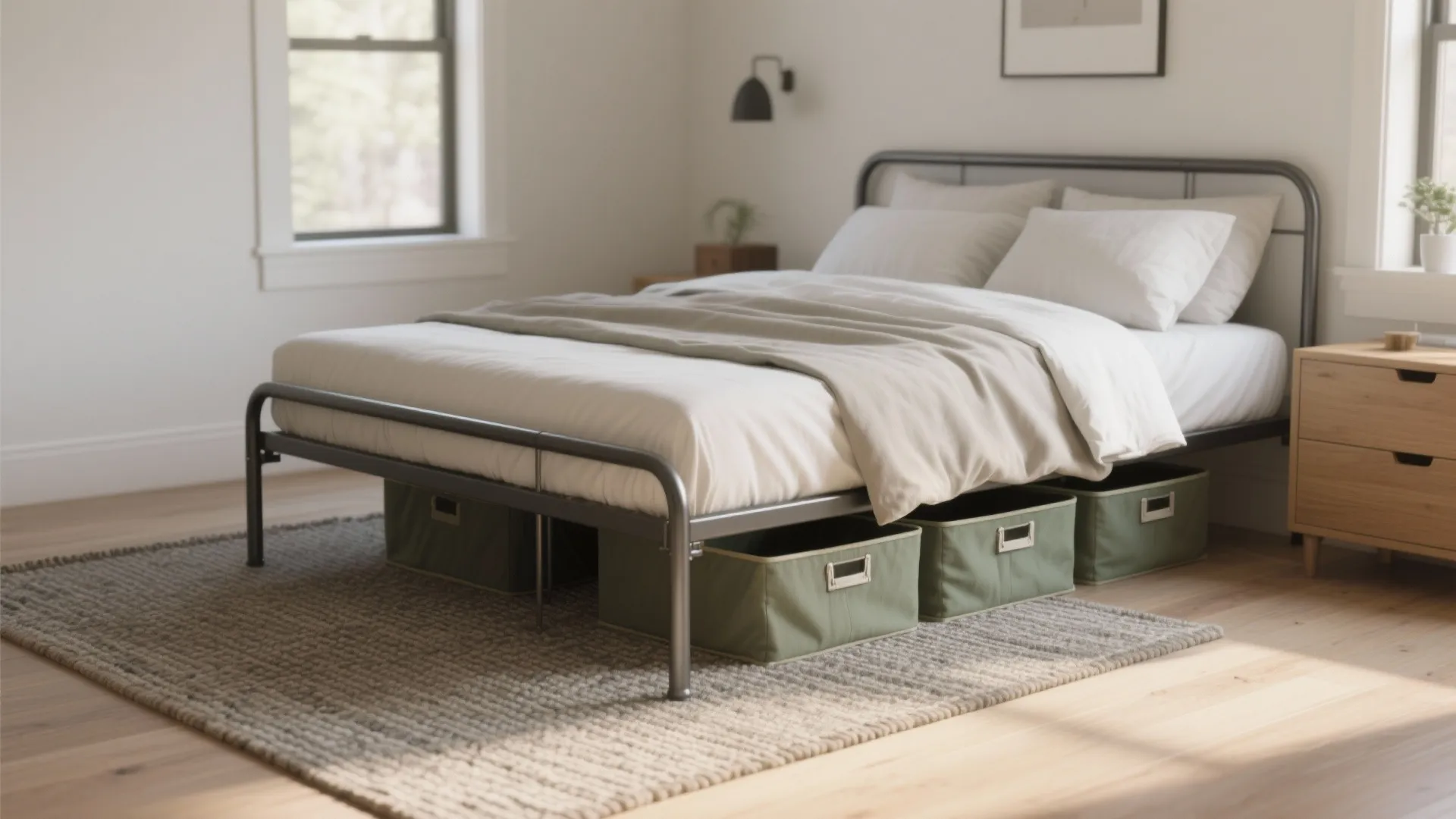 Tall-Leg Frame + Underbed Bins and a Grounding Rug