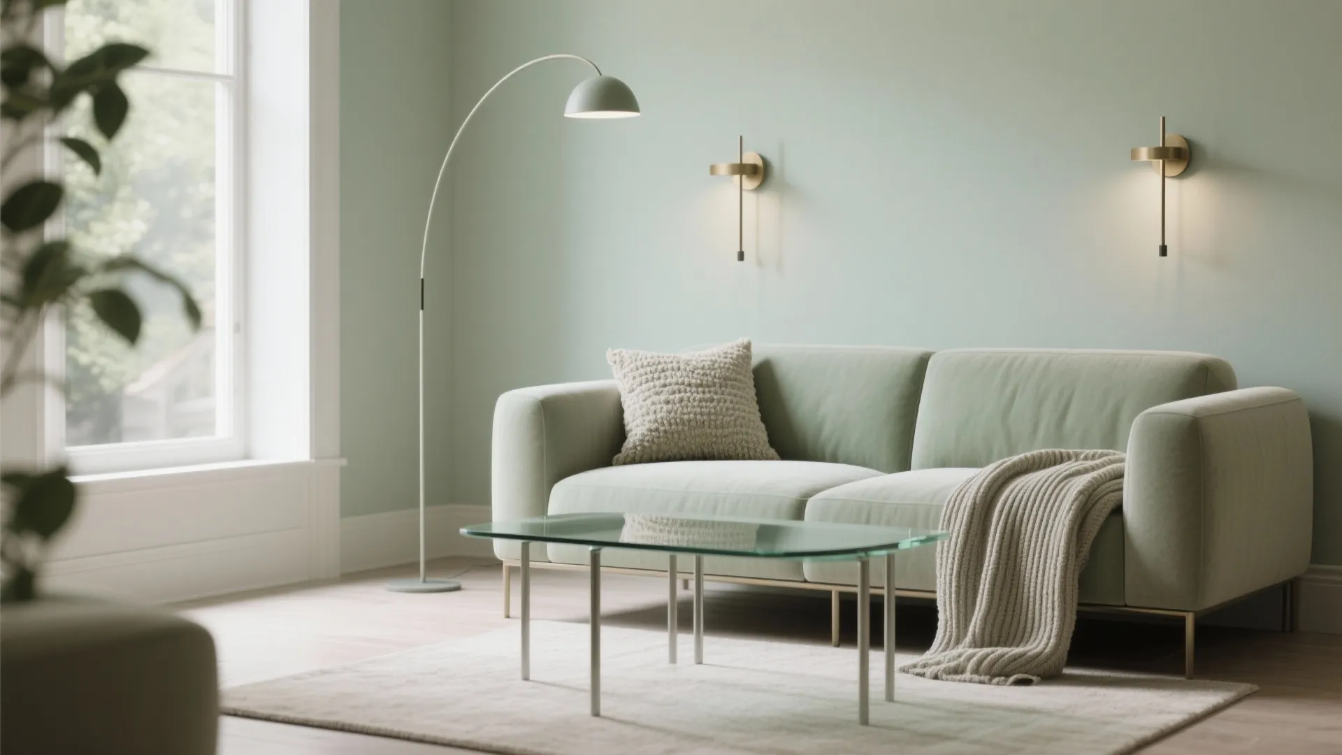 Green living room with sofa glass coffee table floor lamp two wall lights and rug