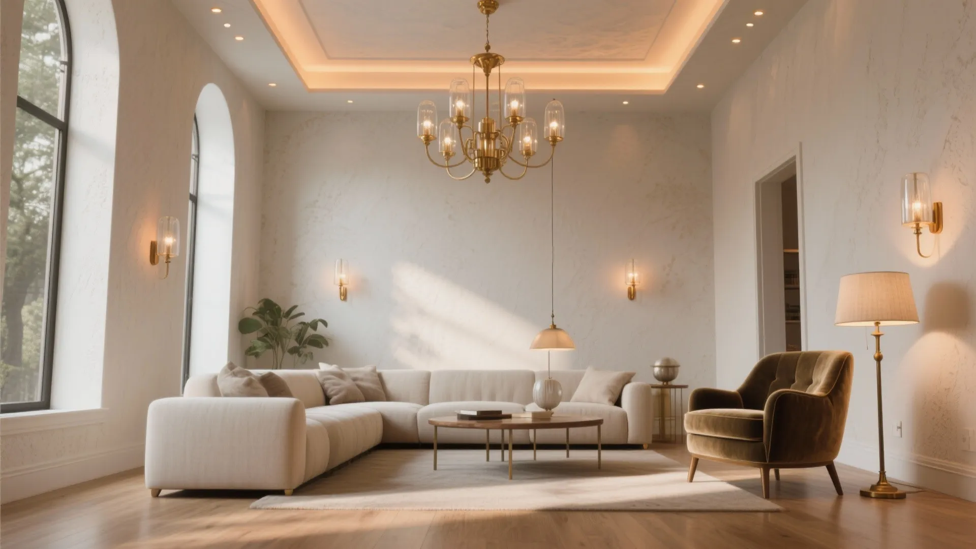 Modern high ceiling living room with white sofa velvet armchair gold ceiling light and windows