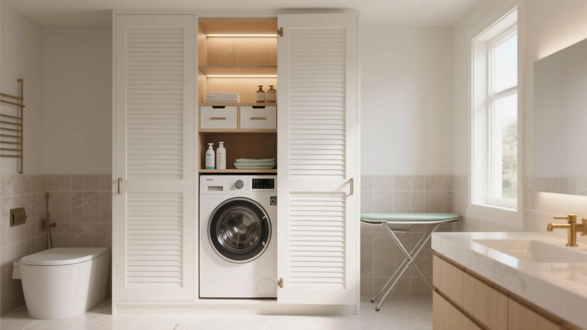 Modern white laundry cabinet with washing machine inside wooden shelves and small sink in bathroom
