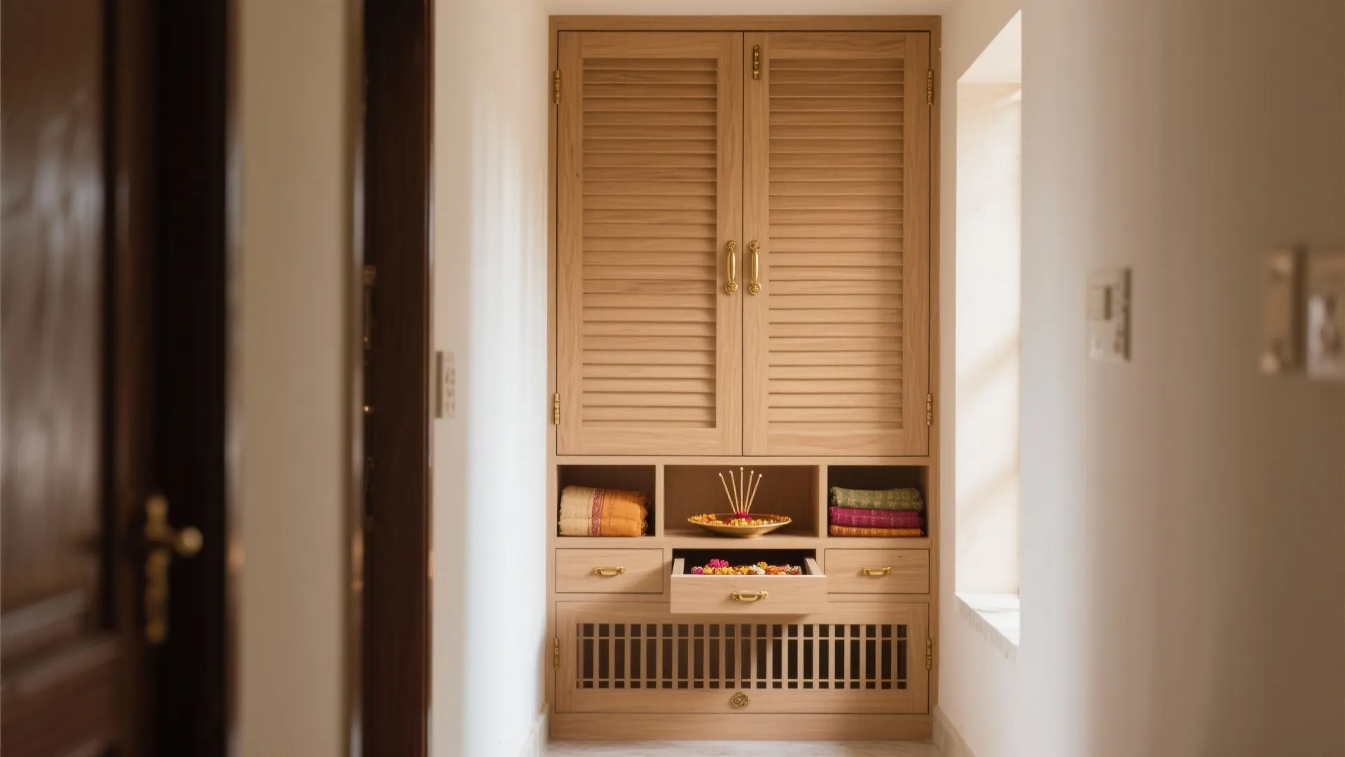 2) Tall Plywood Mandir with Shutters and Hidden Storage