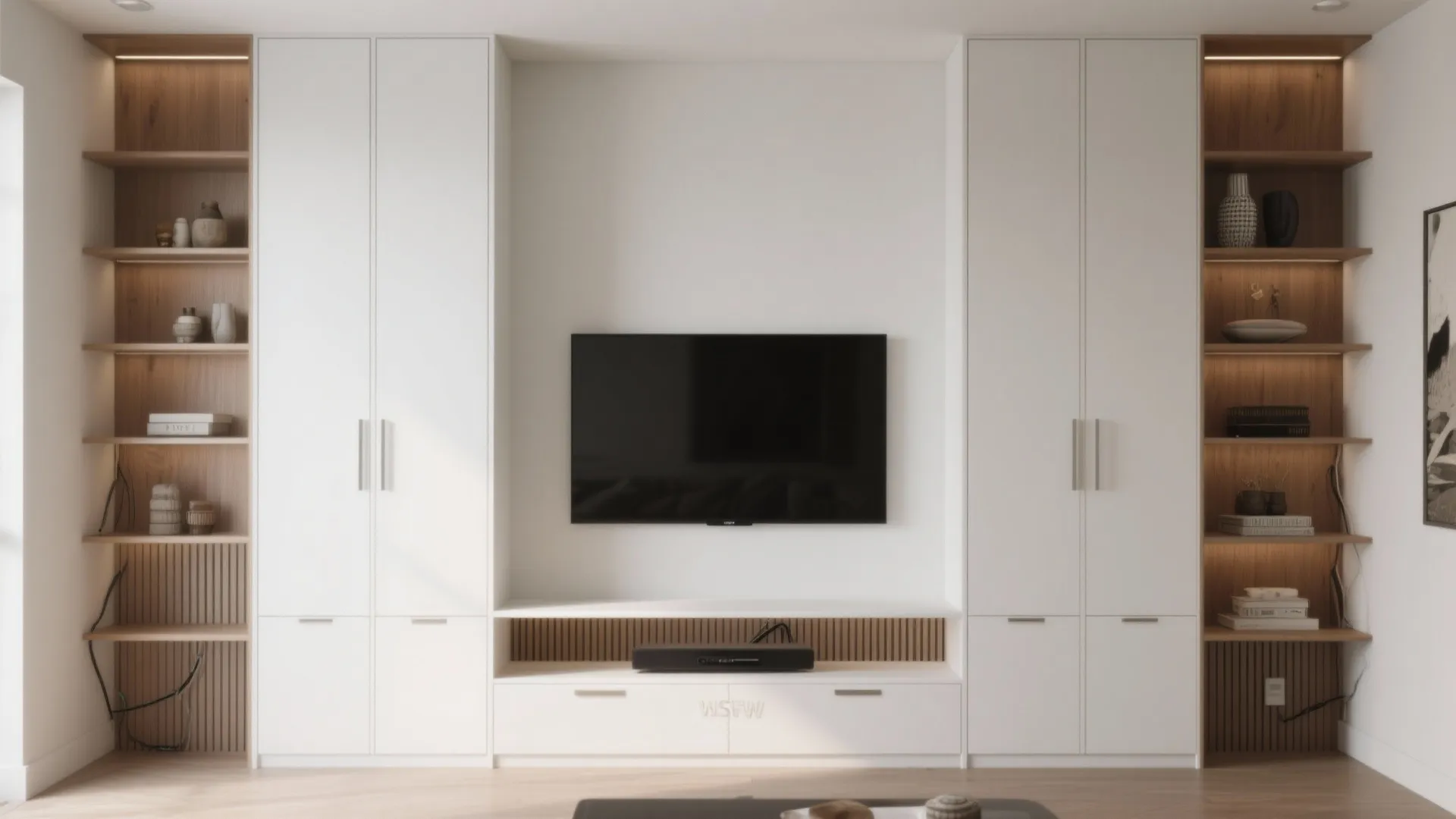 2. Flanking tall cabinets around a media niche