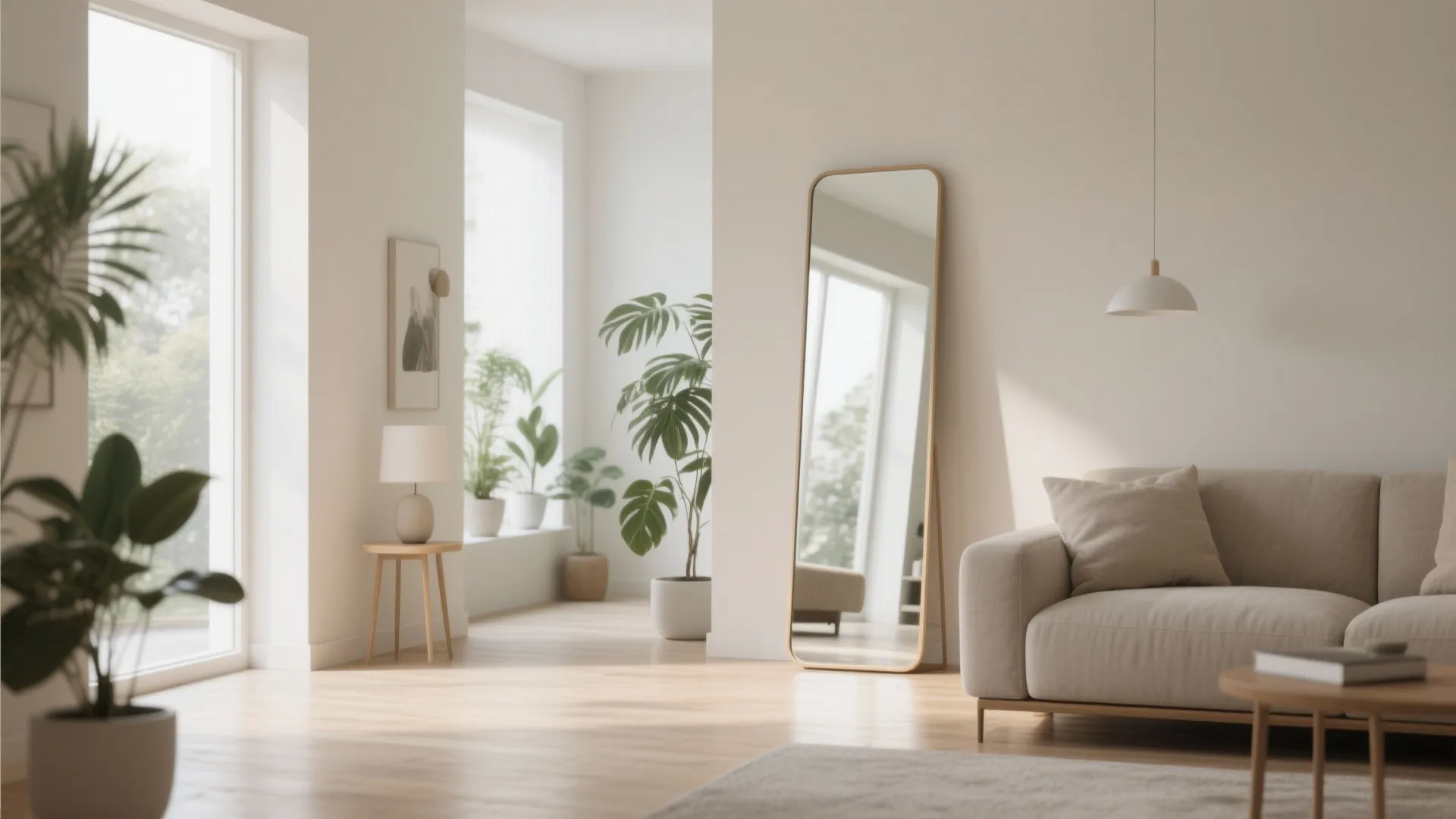 Minimalist living room with tall floor mirror beige sofa green plants and natural window light
