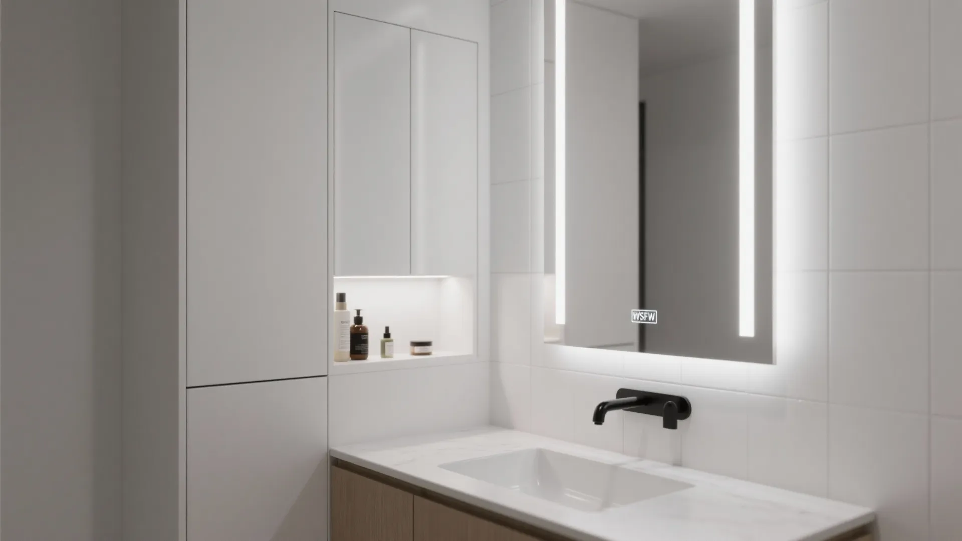 4) Tall mirrored cabinet with medicine niche