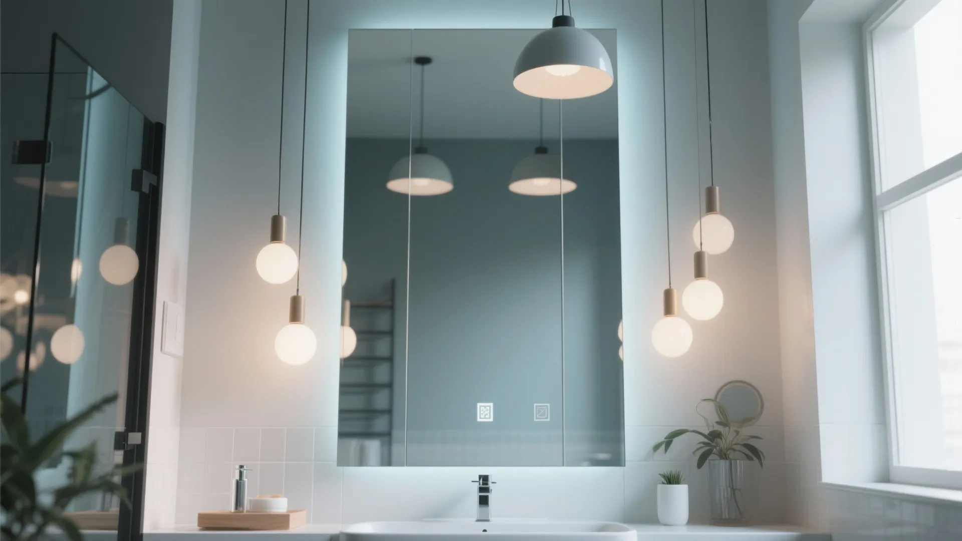 6. Frameless Tall Mirror with Pendant Lighting