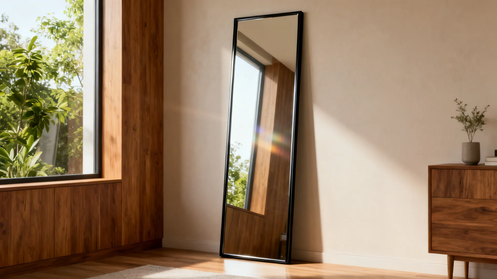 Tall black-framed mirror reflects daylight and widens a small living room.