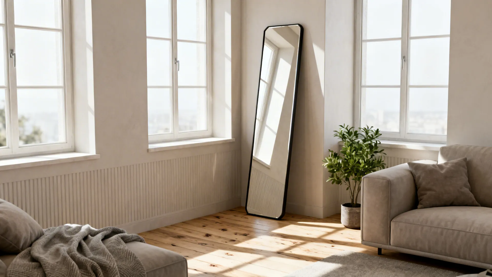 Tall narrow mirror opposite a window brightening a small living room