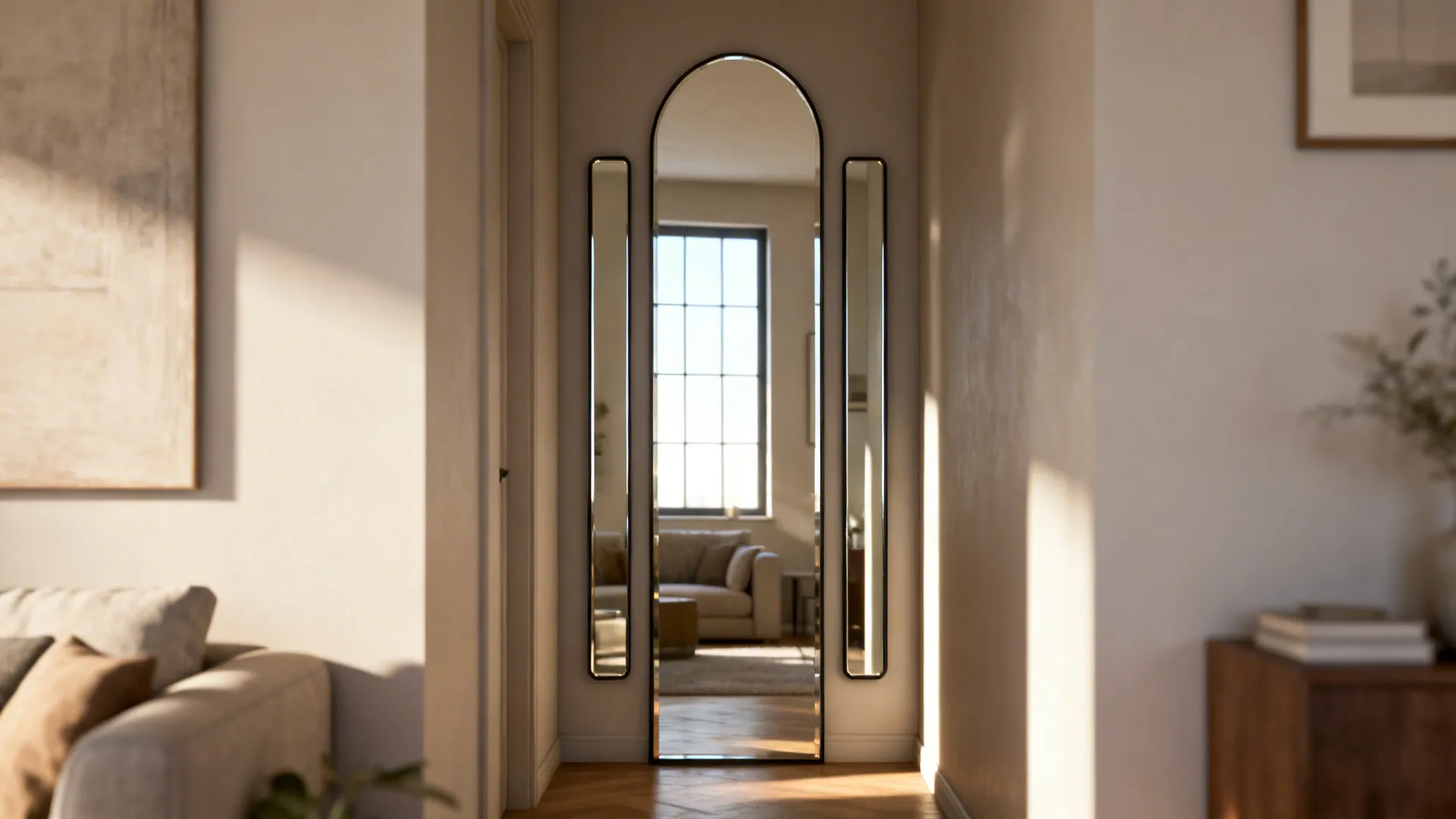 Slim arched and stacked rectangular mirrors reflecting light to increase perceived ceiling height.