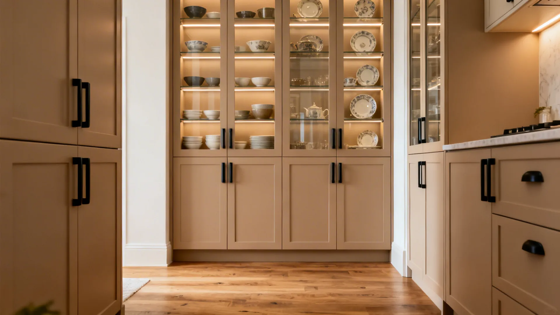 Tall pantry with mixed glass and closed modules displaying porcelain while hiding daily ware.