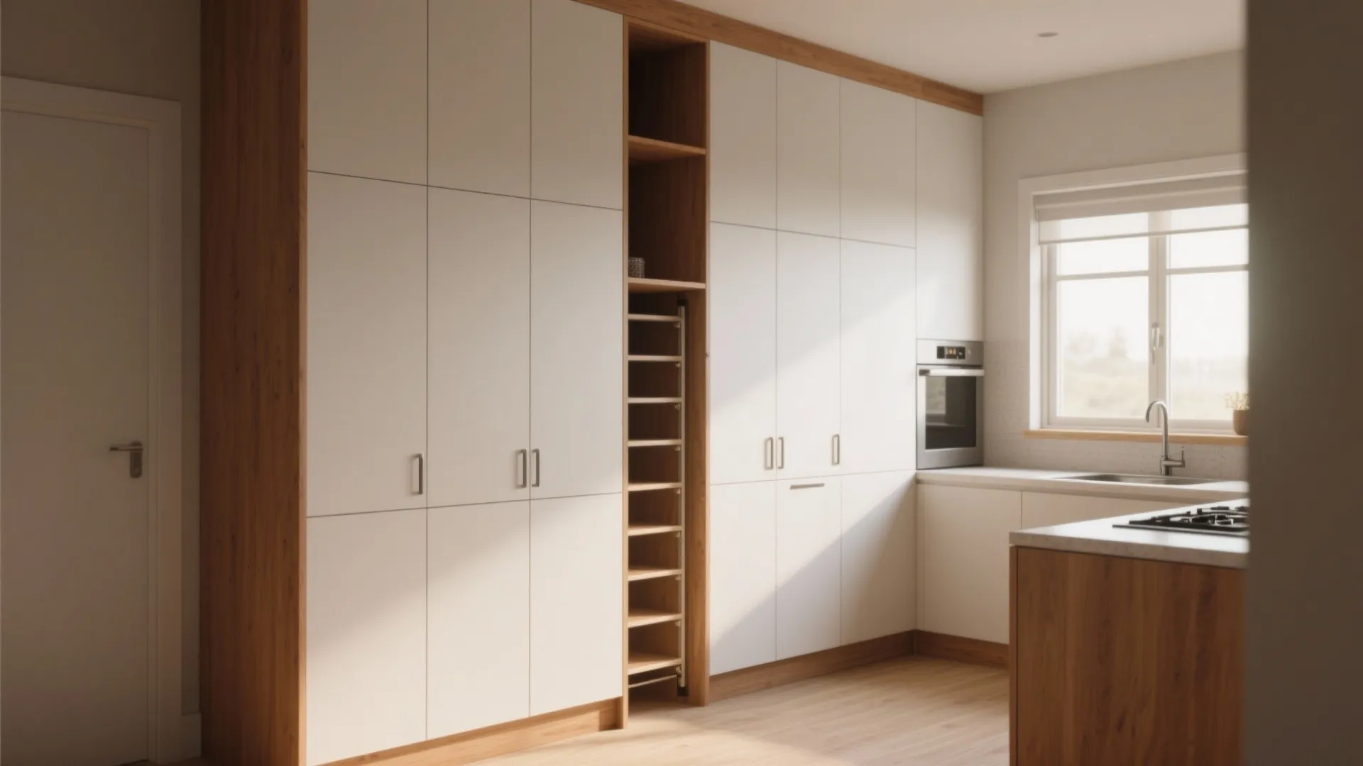 Modern white kitchen cabinet wall with wood trim and integrated pull out spice rack organizer