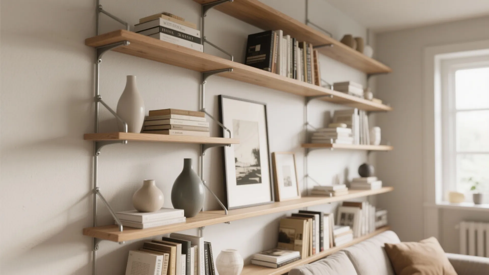 Wall mounted wood shelves above a sofa featuring books decorative vases and small framed pictures