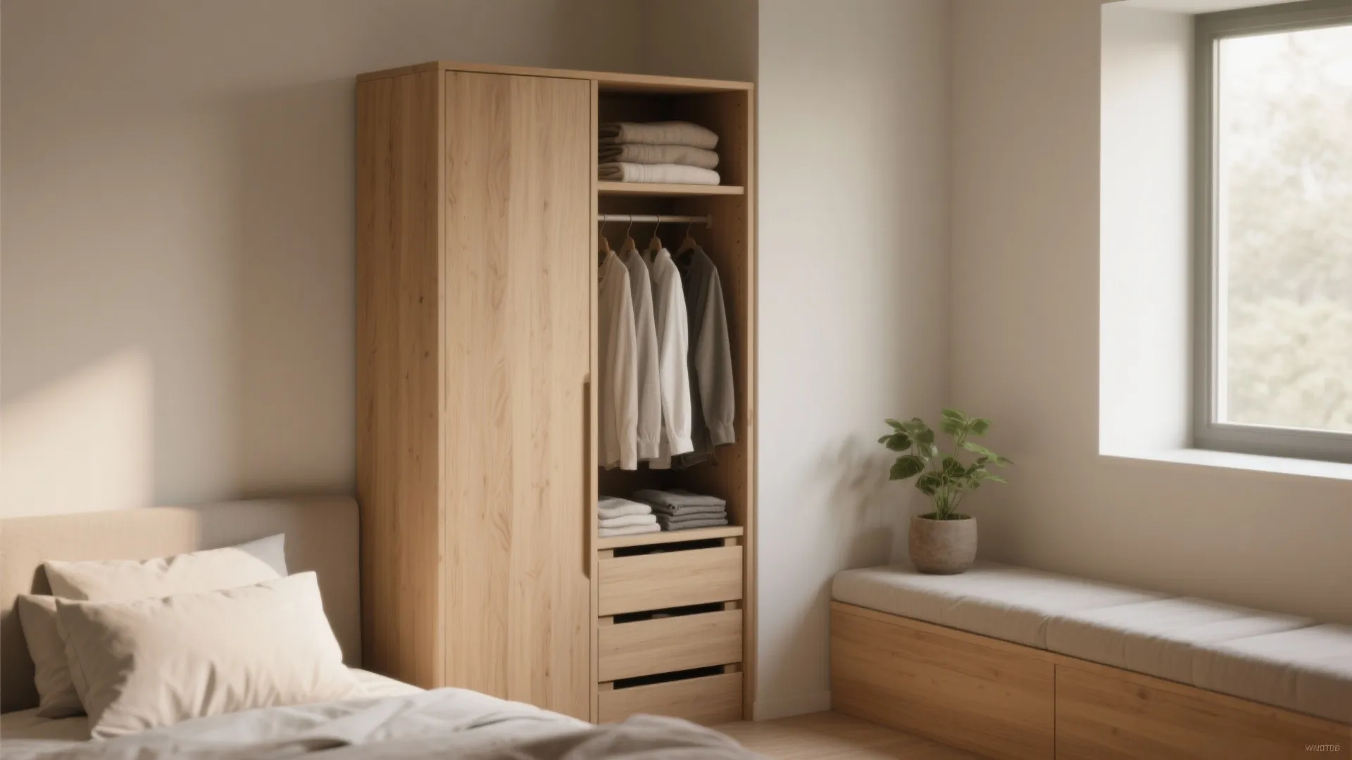Wooden wardrobe with hanging clothes beside a cushioned window seat and a small potted plant