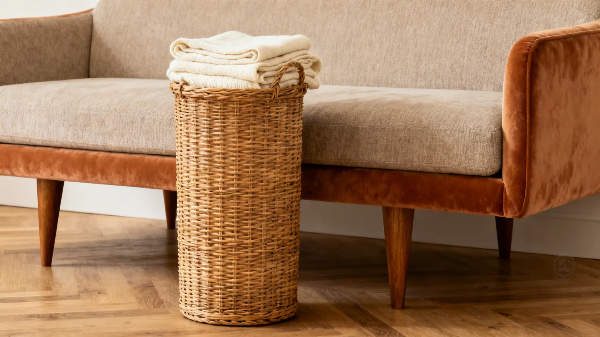 Tall narrow woven basket next to a mid-century sofa holding blankets, saving floor space.