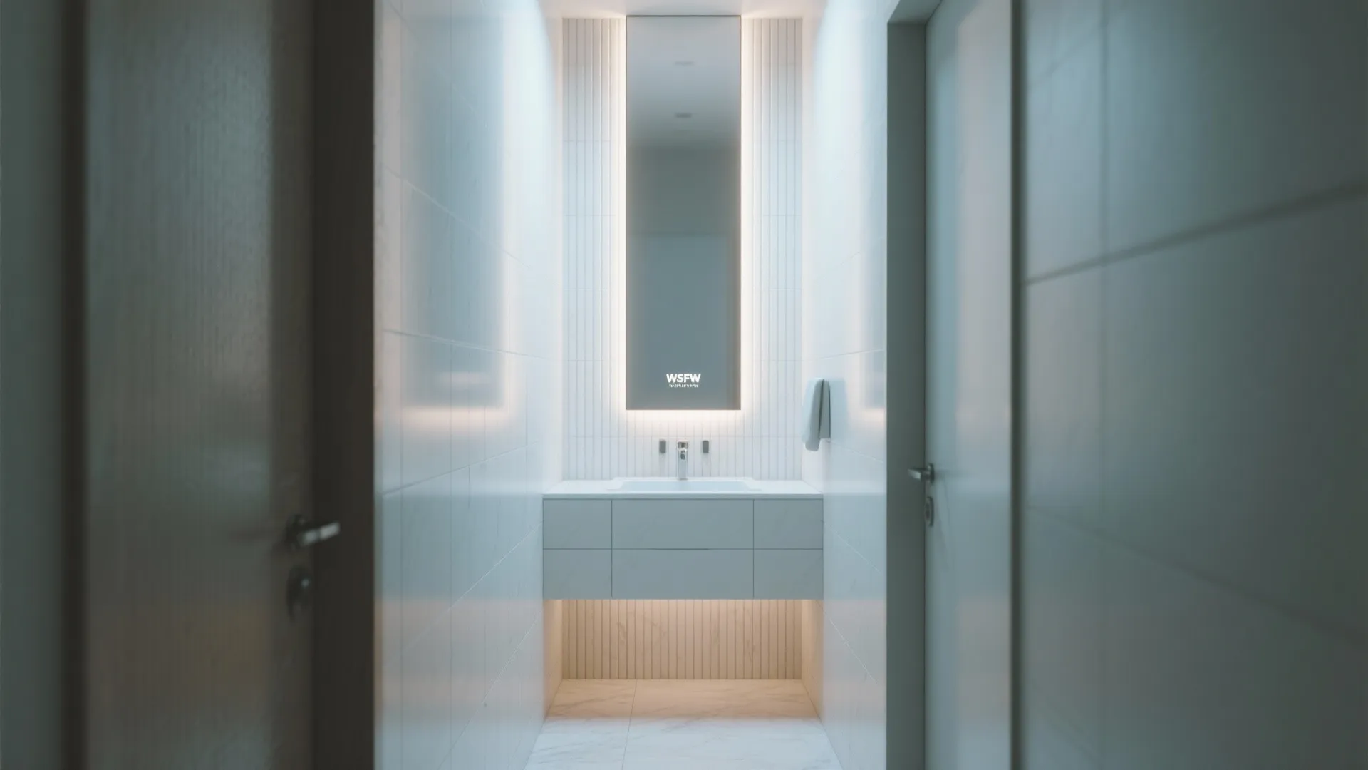 Modern white bathroom with tall narrow backlit mirror above a floating sink and white cabinet