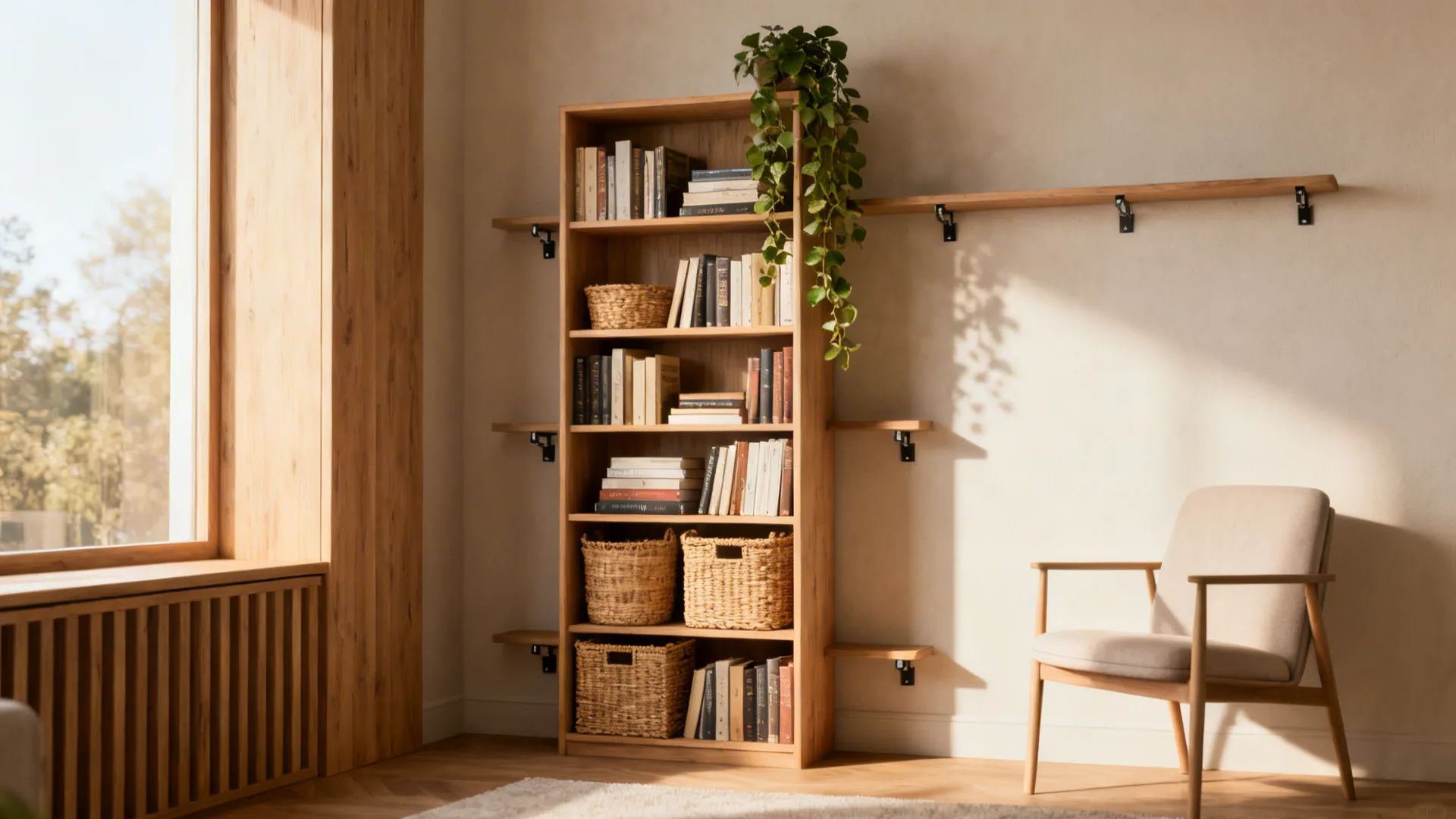 Tall narrow bookcase in a corner with books, baskets and plant