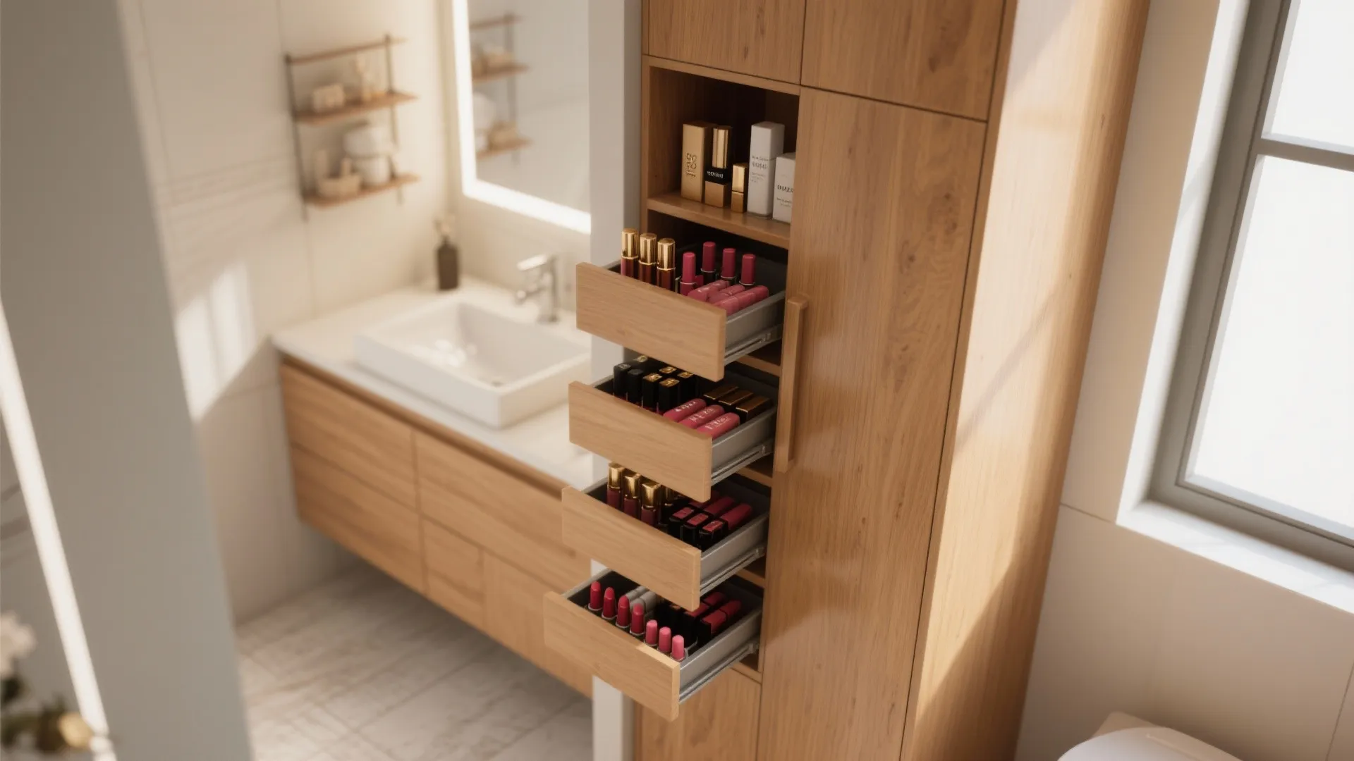 Tall wood bathroom cabinet with open drawers storing lipsticks and cosmetics near a white sink