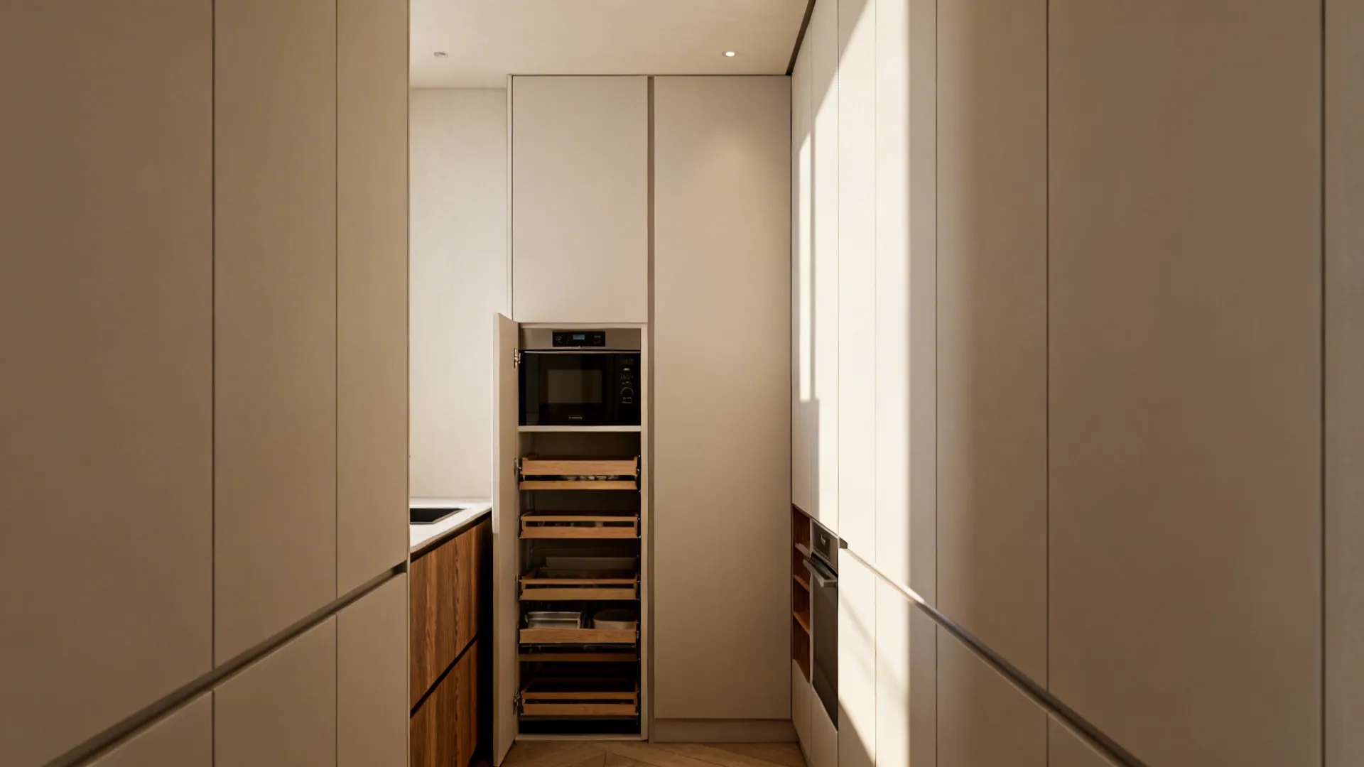 Tall narrow full-height cabinets in a small kitchen with pull-out pantry shelves visible.