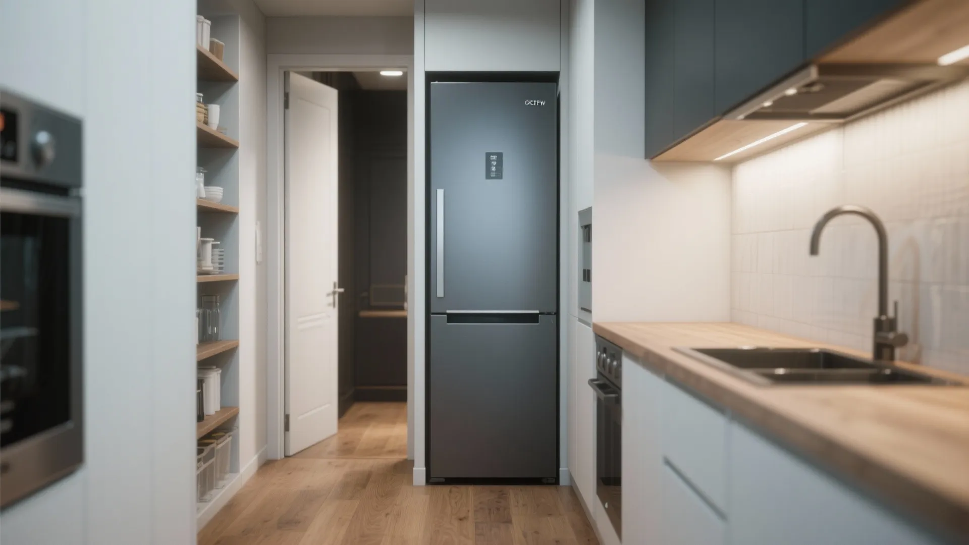Tall narrow dark grey fridge standing in a small modern kitchen with light wood floors