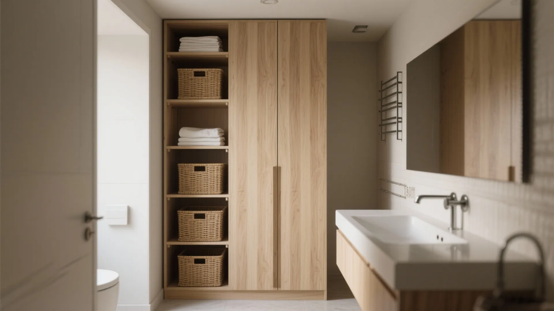 Tall, narrow linen cabinet (vertical storage)