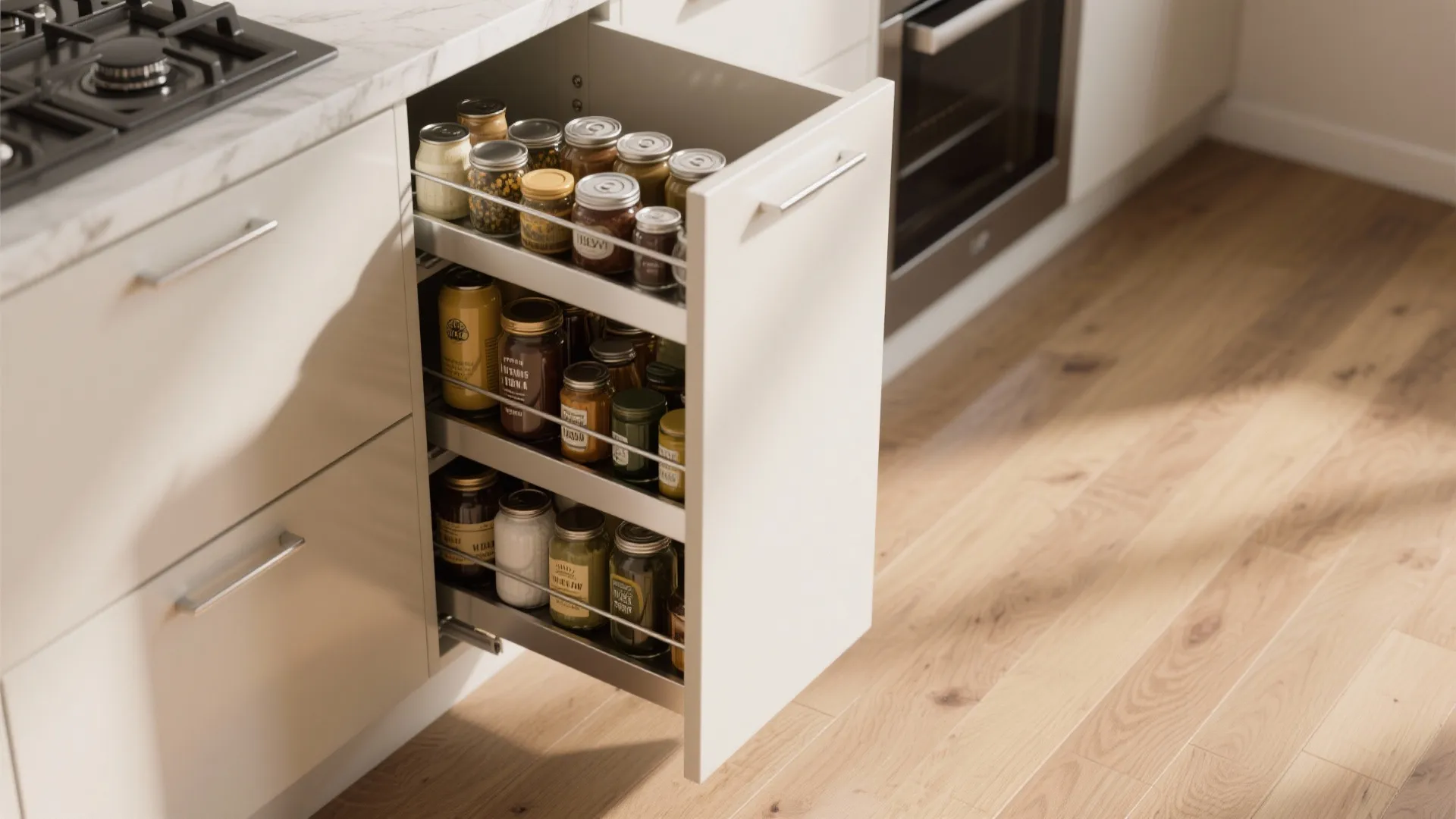 Pull out kitchen drawer filled with spice jars next to a stove and wooden floor
