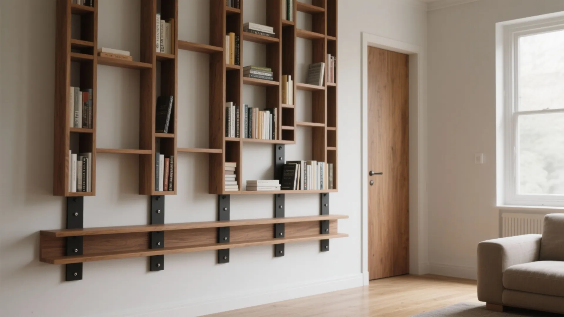 Modern wooden wall bookshelf with black metal supports next to a closed wood room door