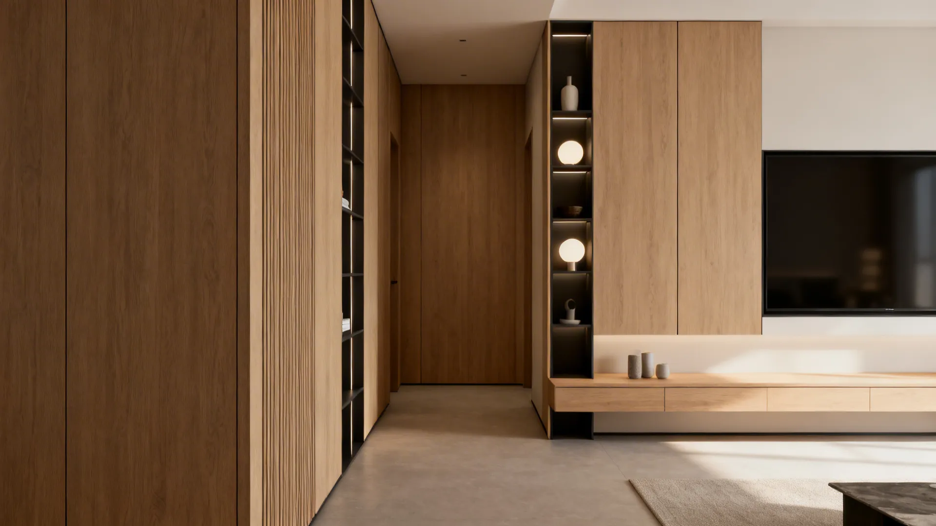 Tall slim shelving and vertical cabinets that free floor space in a narrow room.